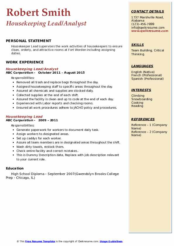 Housekeeping Lead Resume Samples QwikResume