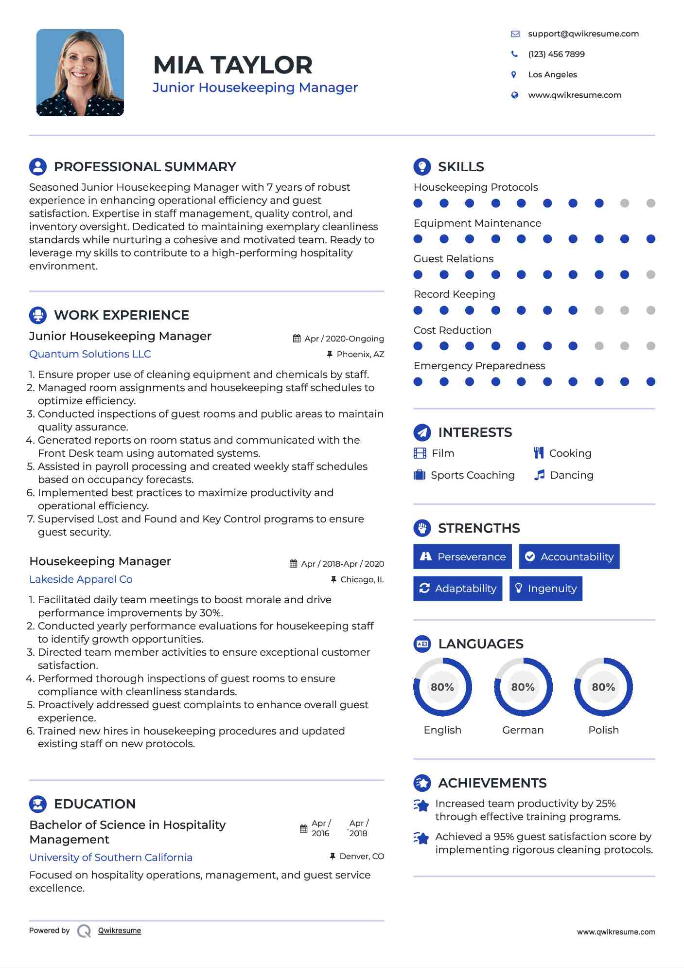 Junior Housekeeping Manager Resume Sample