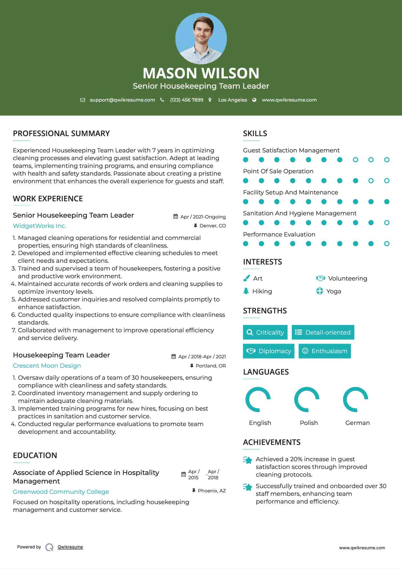 Senior Housekeeping Team Leader Resume Model