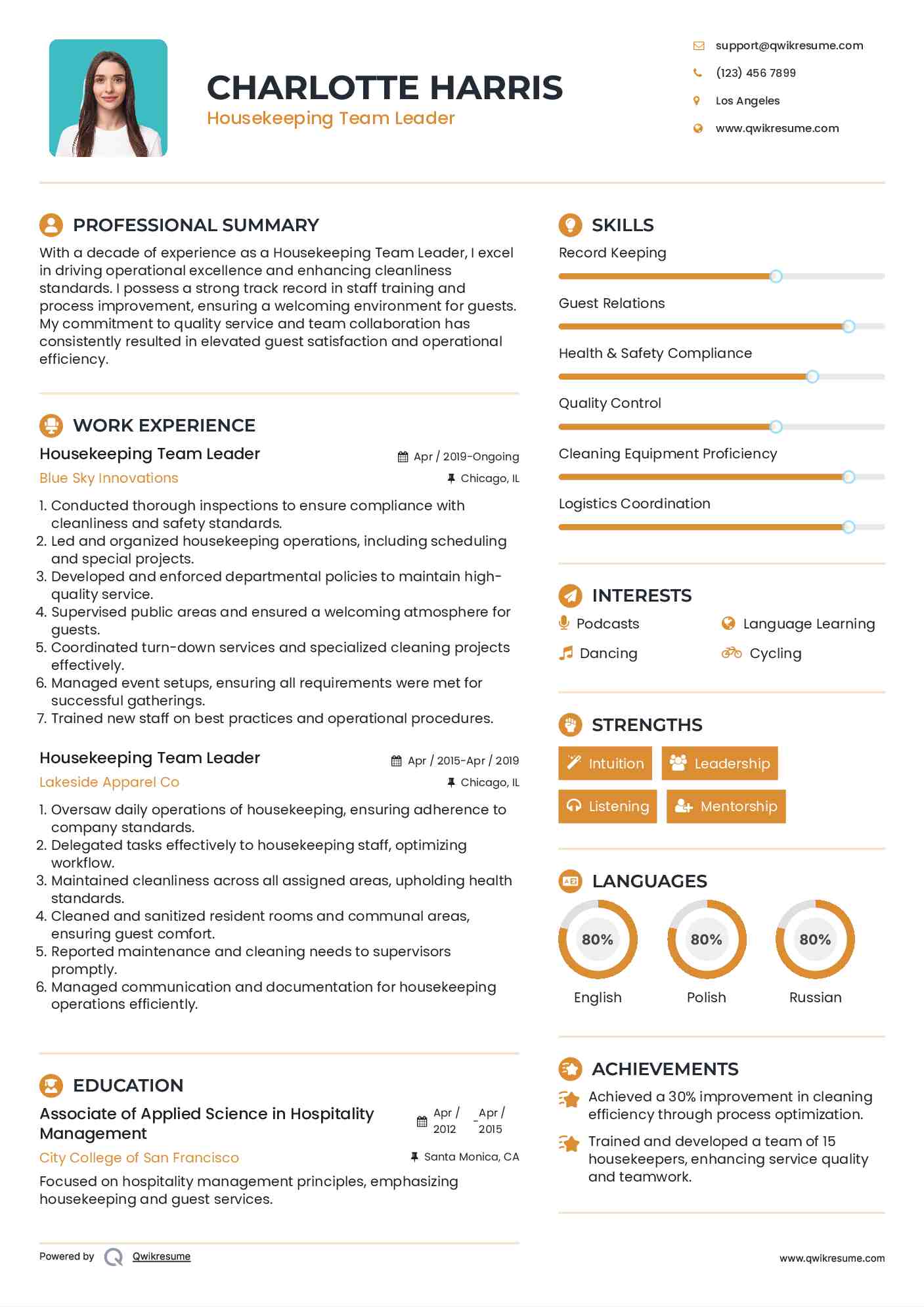 Housekeeping Team Leader Resume Template