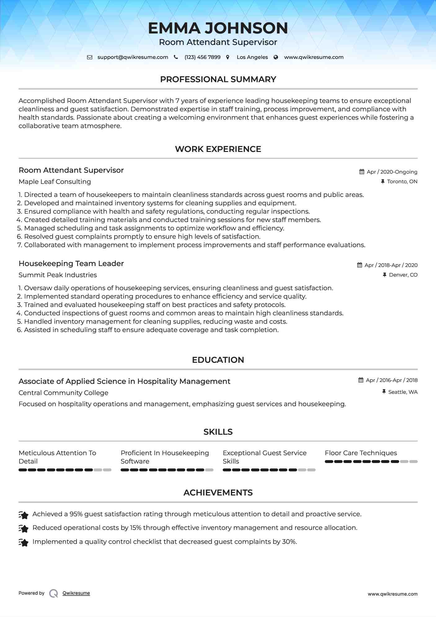 Room Attendant Supervisor Resume Example