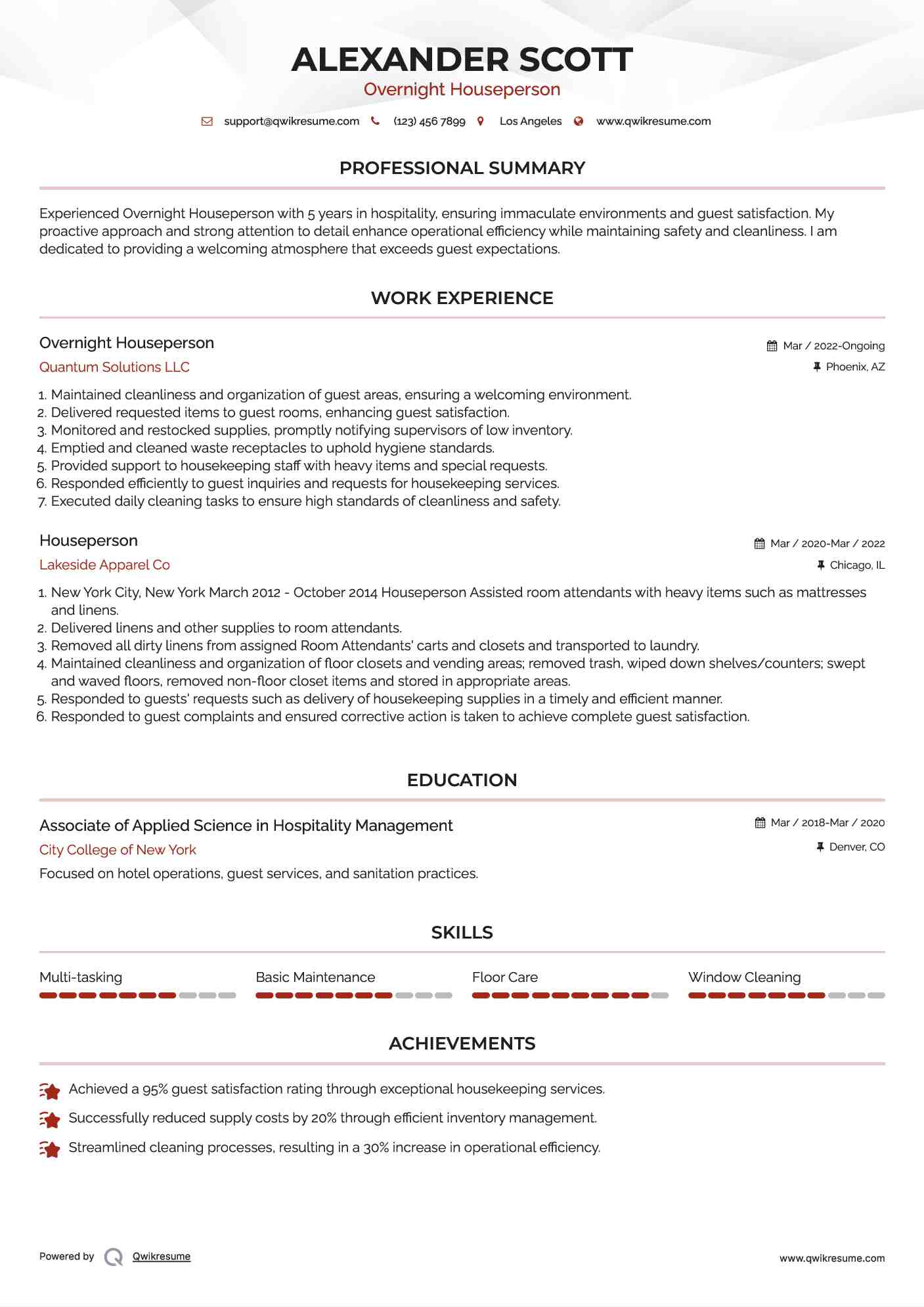 Overnight Houseperson Resume Model