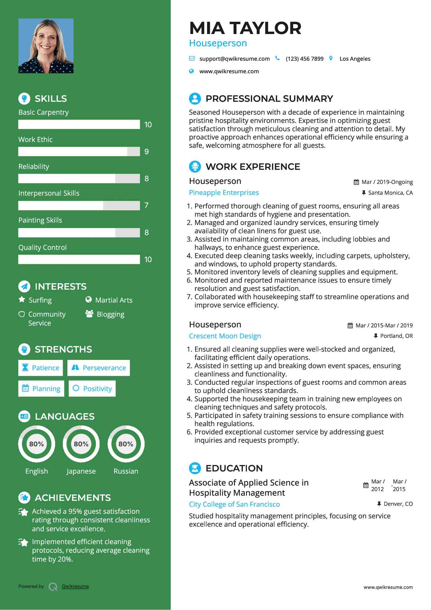 Houseperson Resume Example