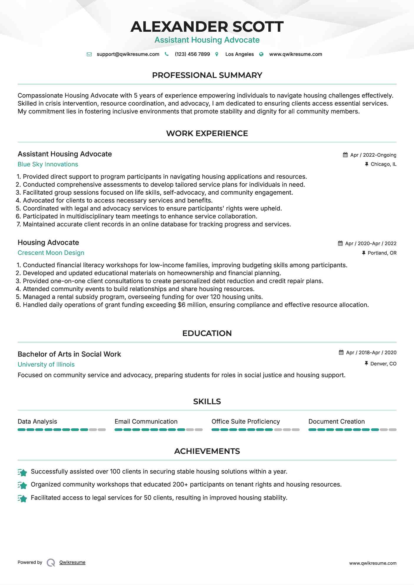 Assistant Housing Advocate Resume Sample