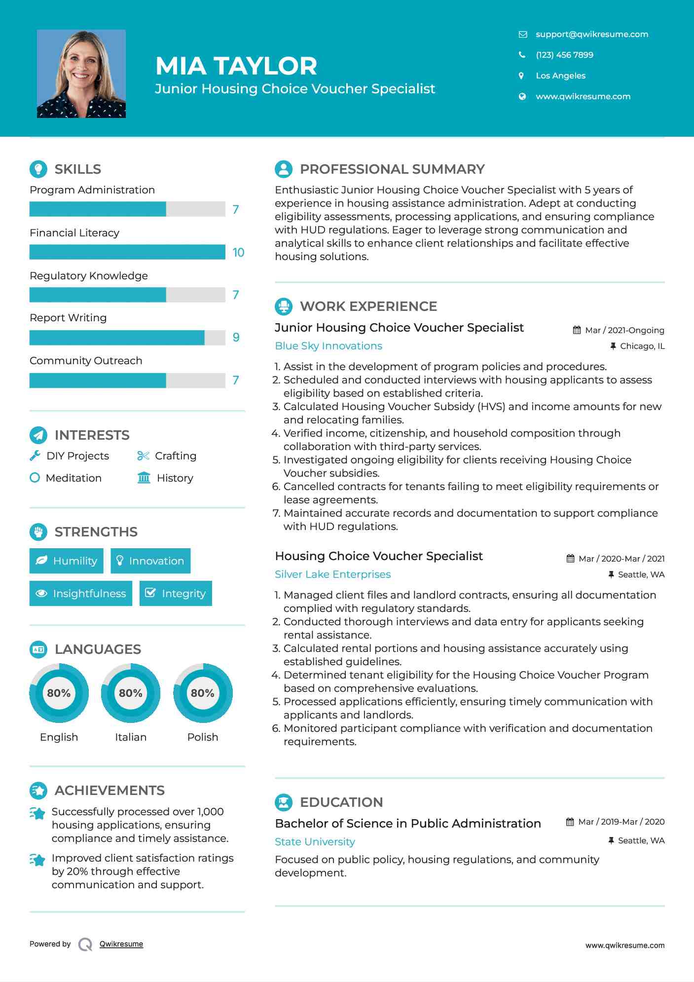 Junior Housing Choice Voucher Specialist Resume Sample