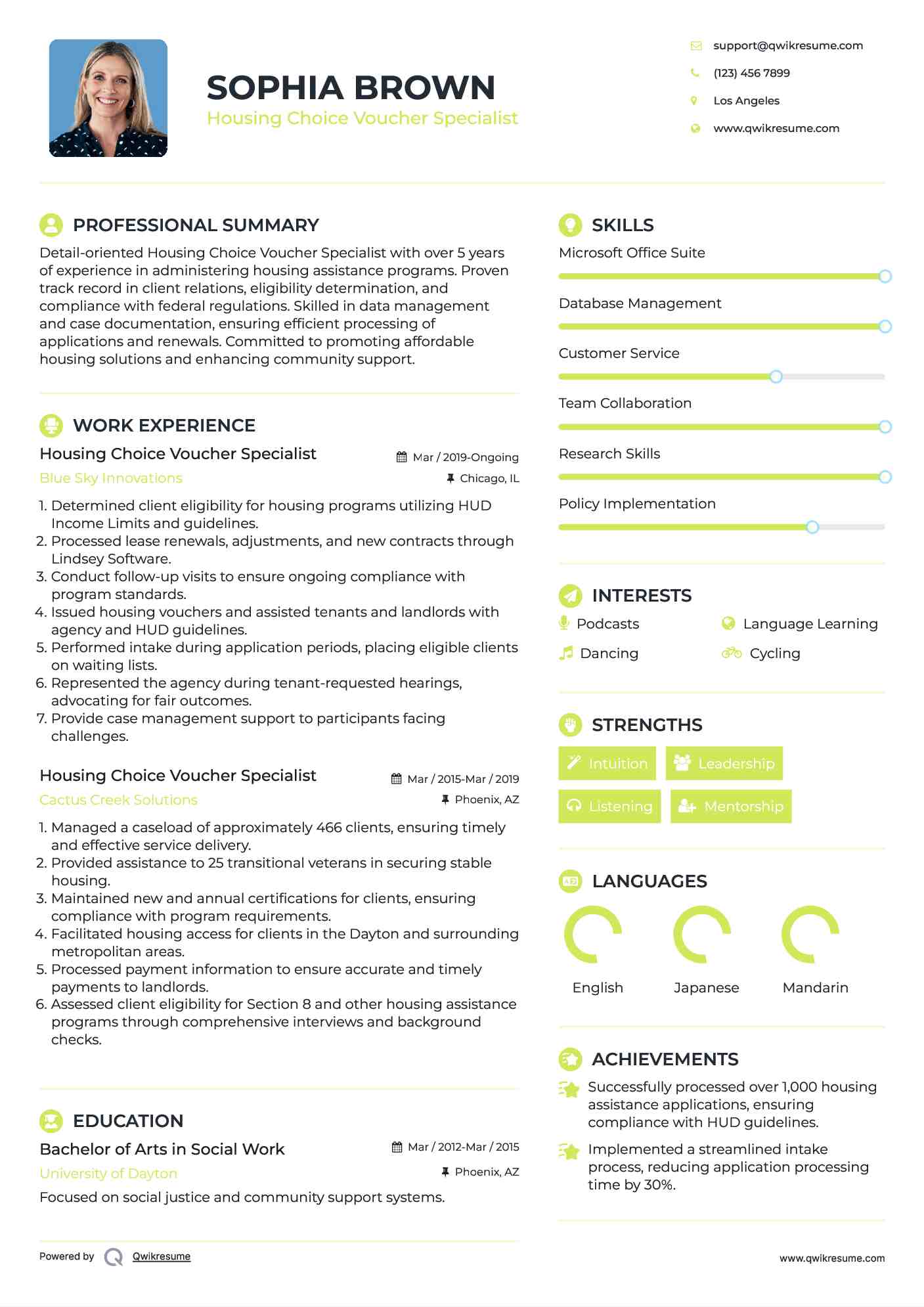 Housing Choice Voucher Specialist Resume Example