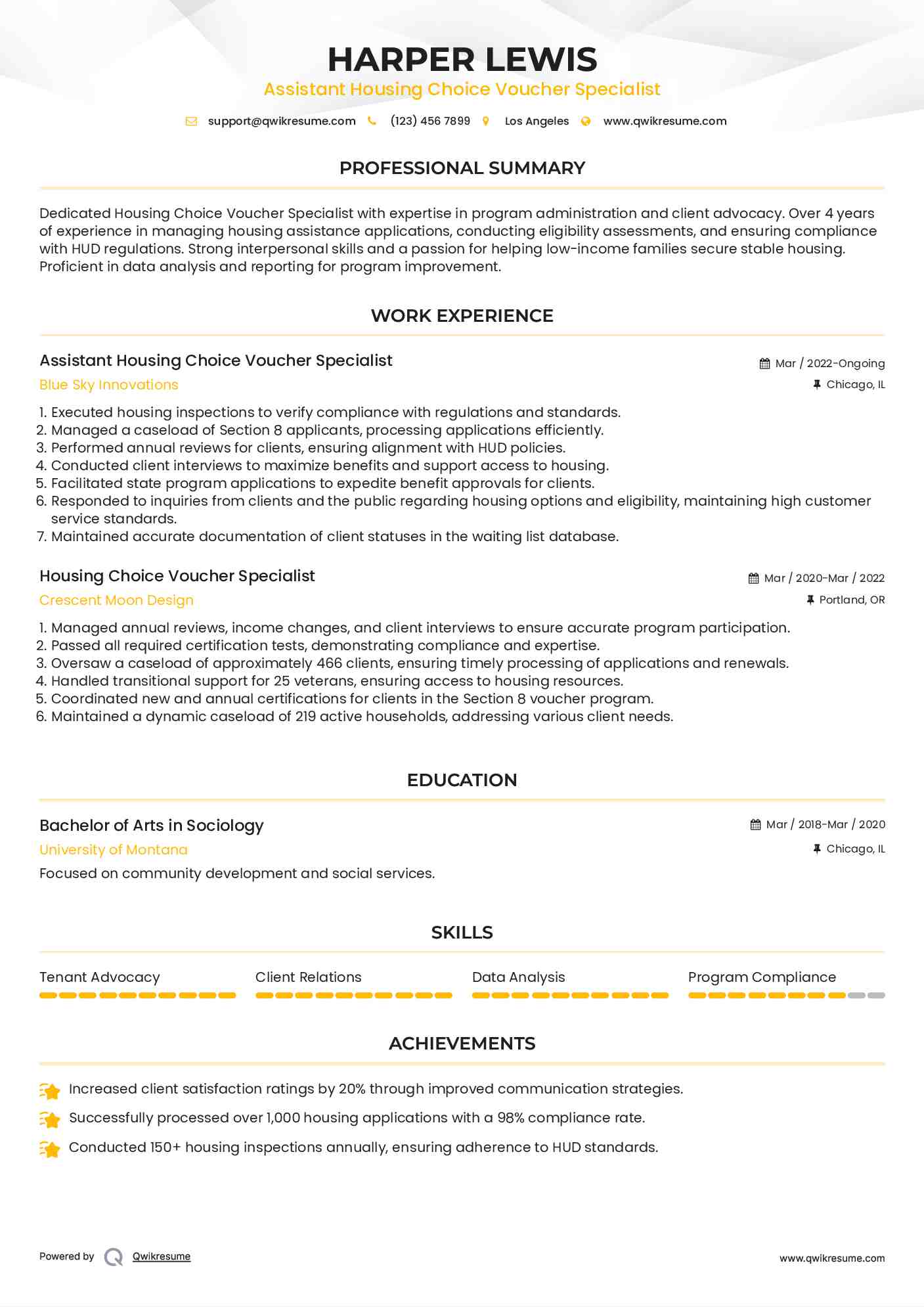 Assistant Housing Choice Voucher Specialist Resume Sample