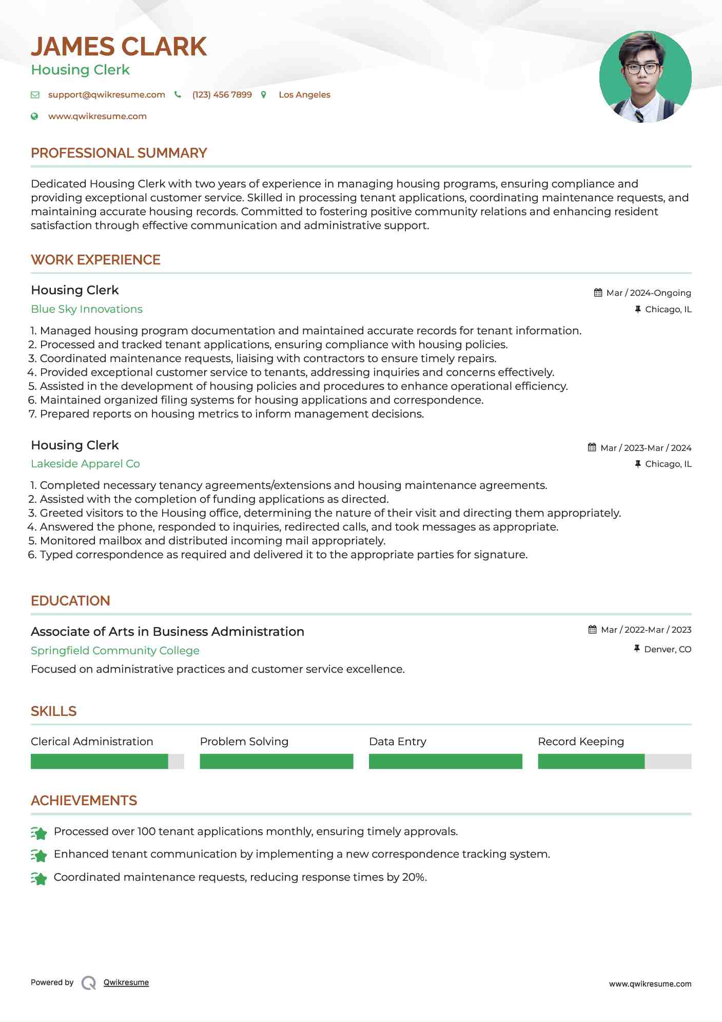 Housing Clerk Resume Template