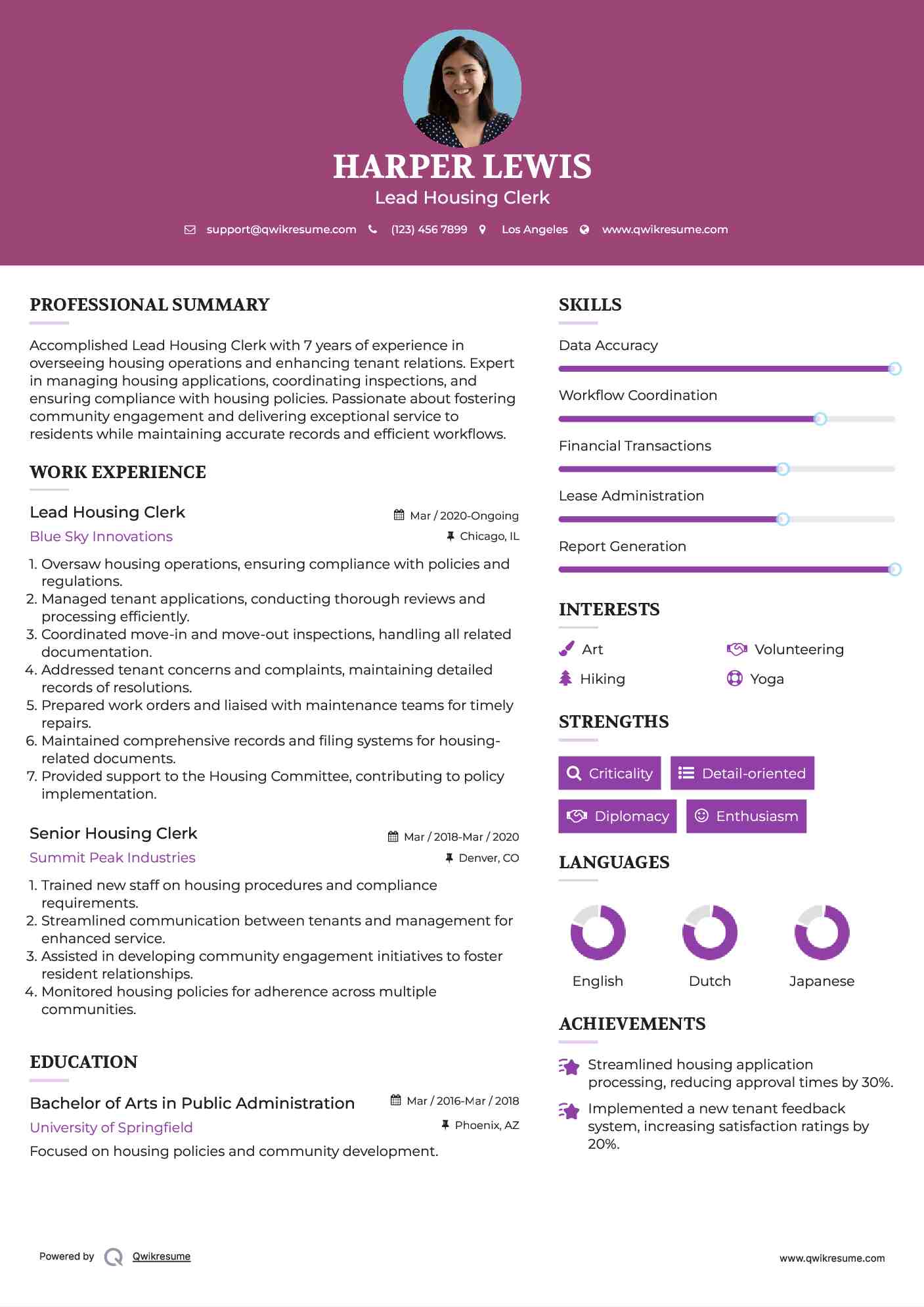 Lead Housing Clerk Resume Sample