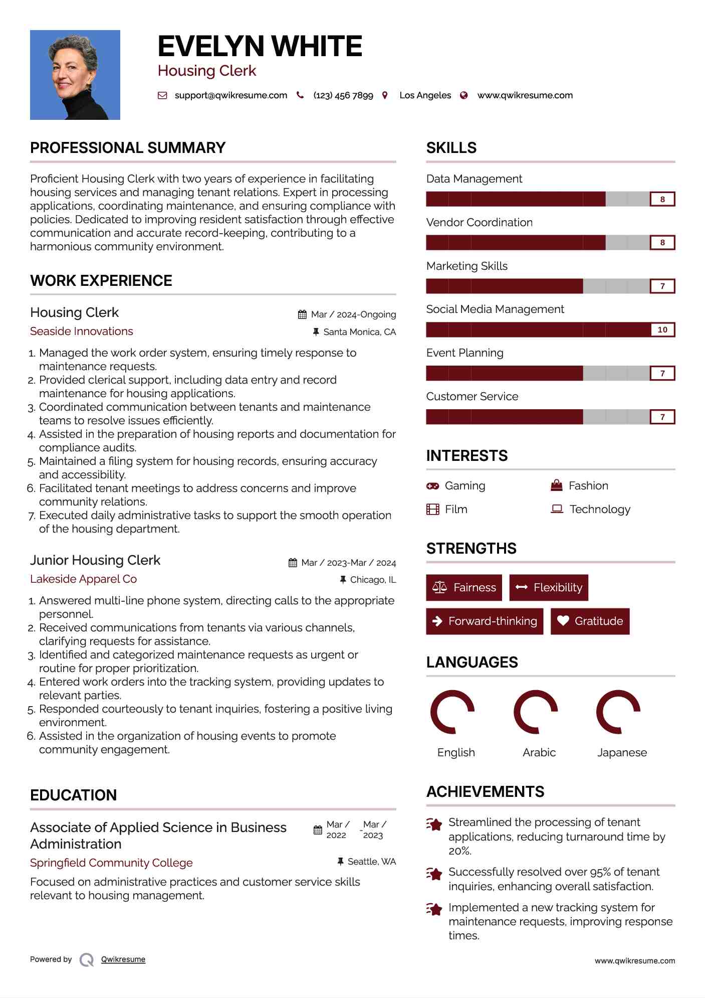 Housing Clerk Resume Template