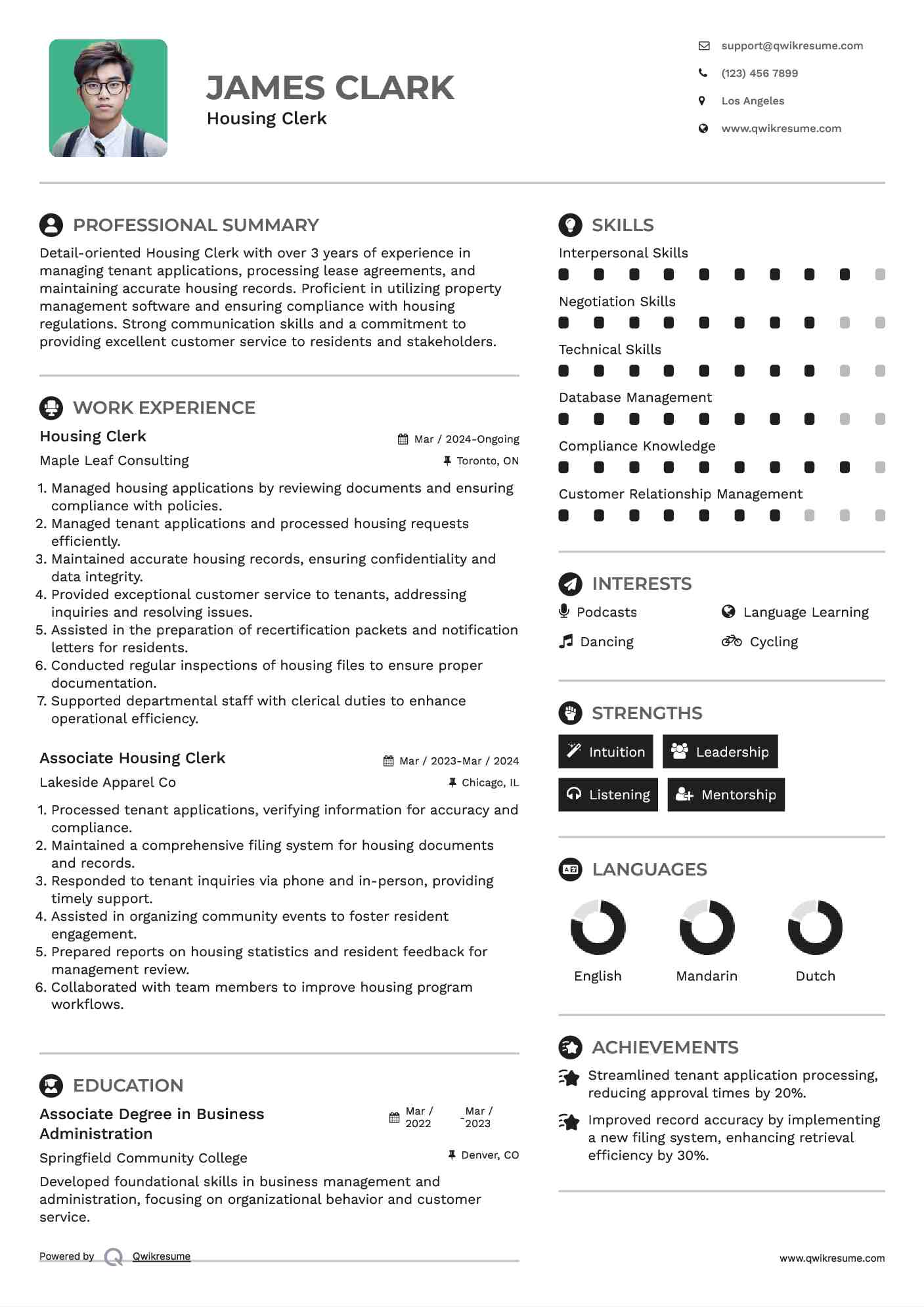 Housing Clerk Resume Sample