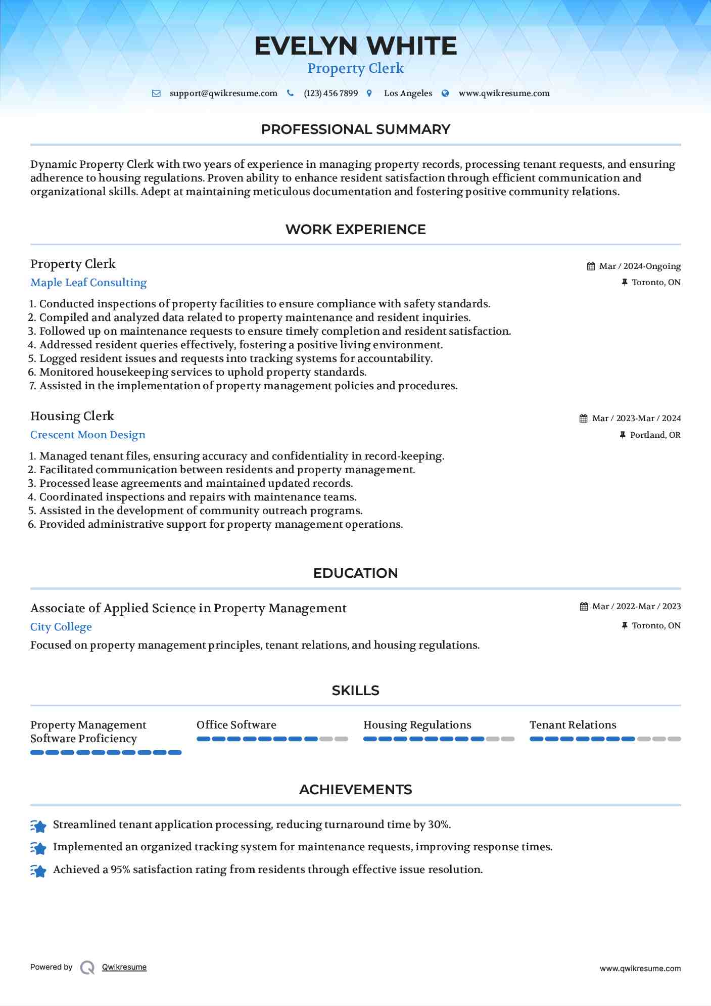 Property Clerk Resume Format