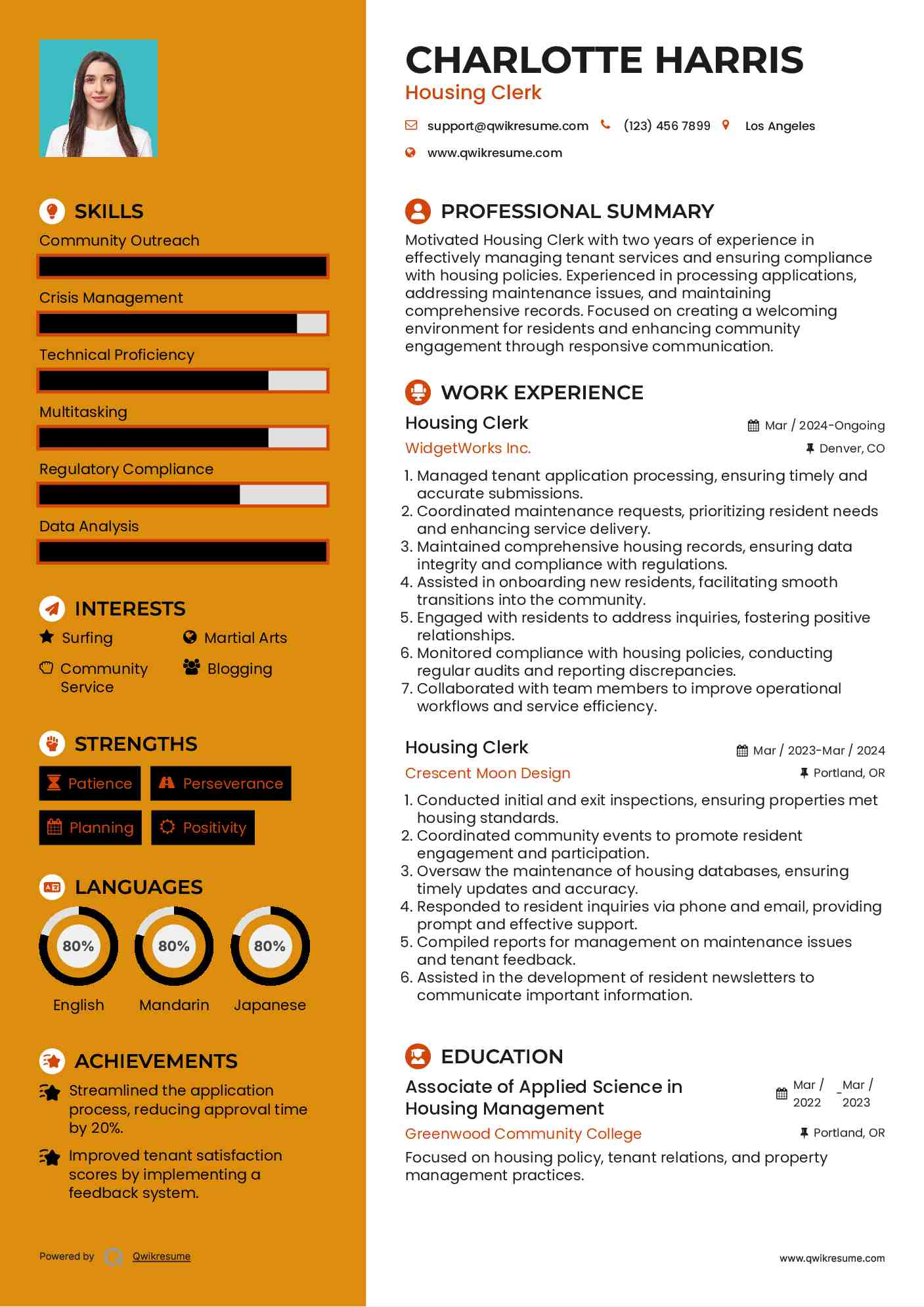Housing Clerk Resume Example
