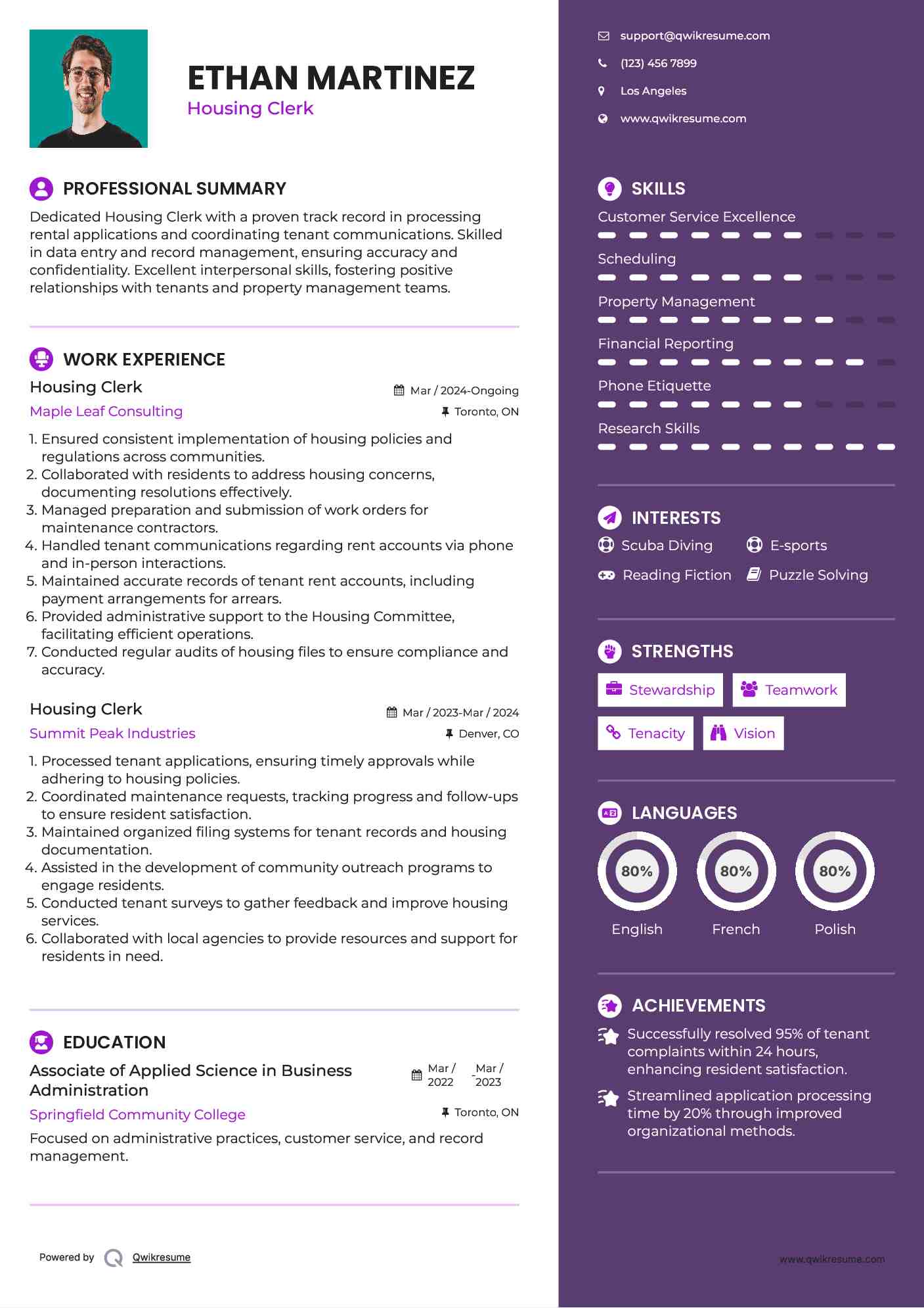 Housing Clerk Resume Model