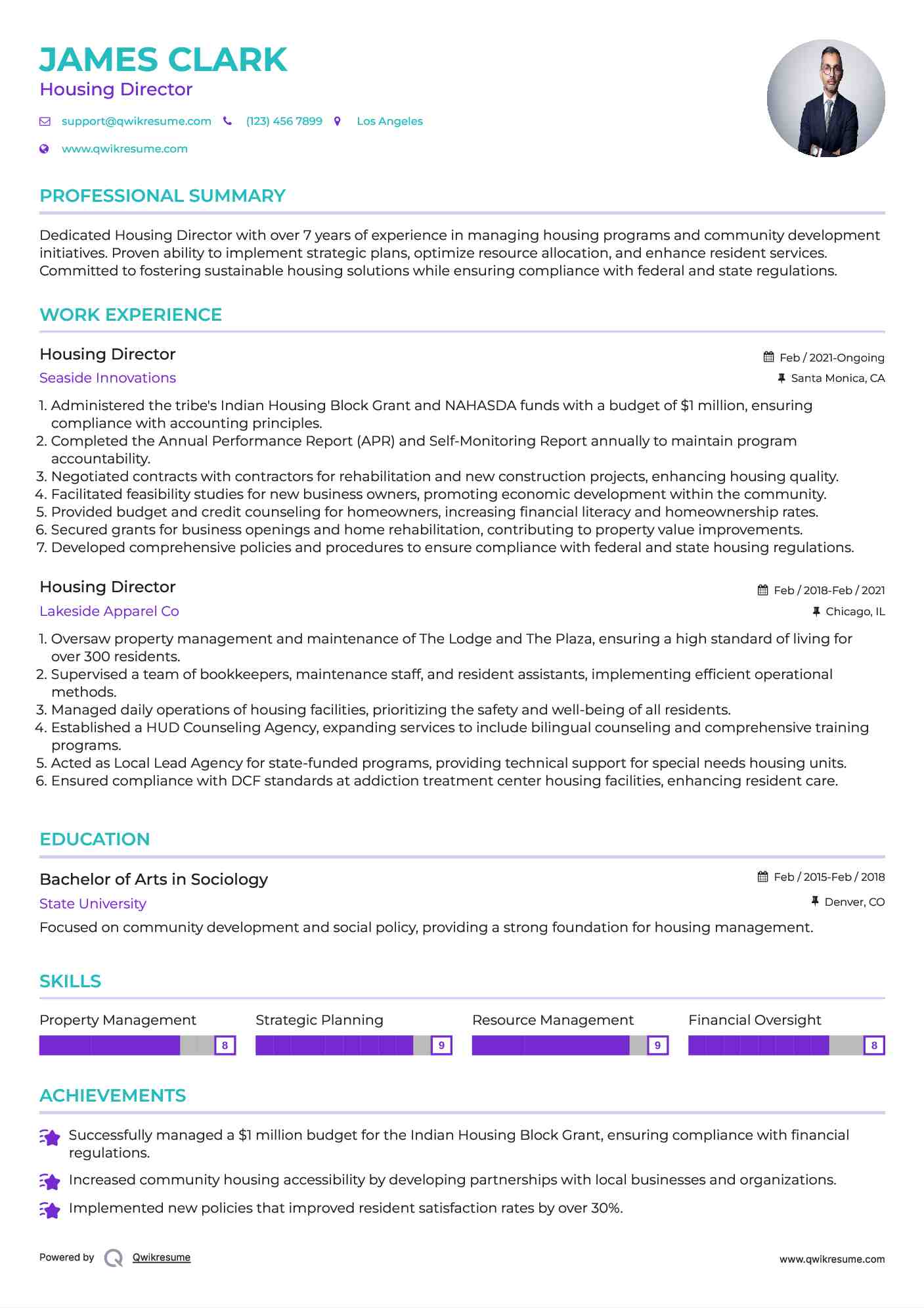 Housing Director Resume Sample