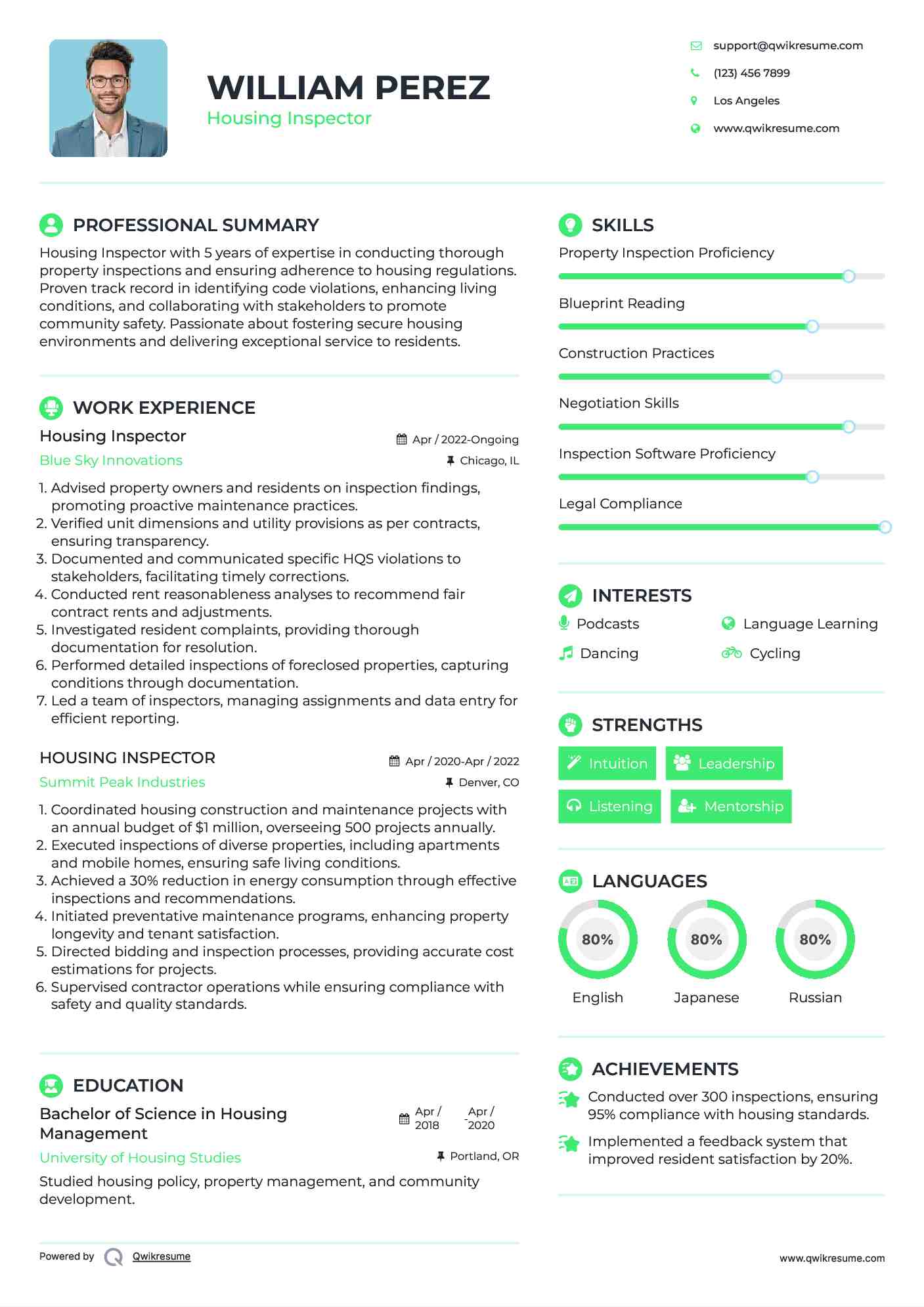 Housing Inspector Resume Example