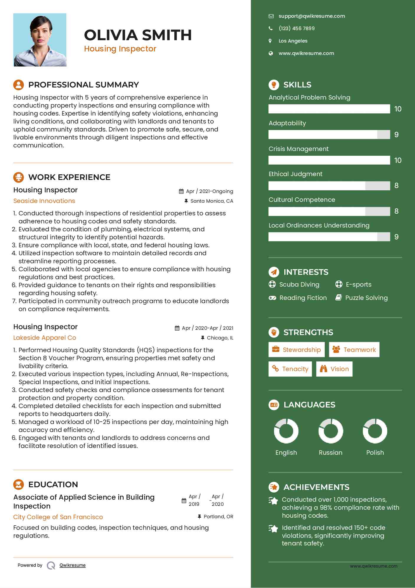Housing Inspector Resume Template