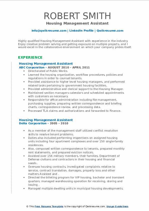 Housing Management Assistant Resume Samples QwikResume