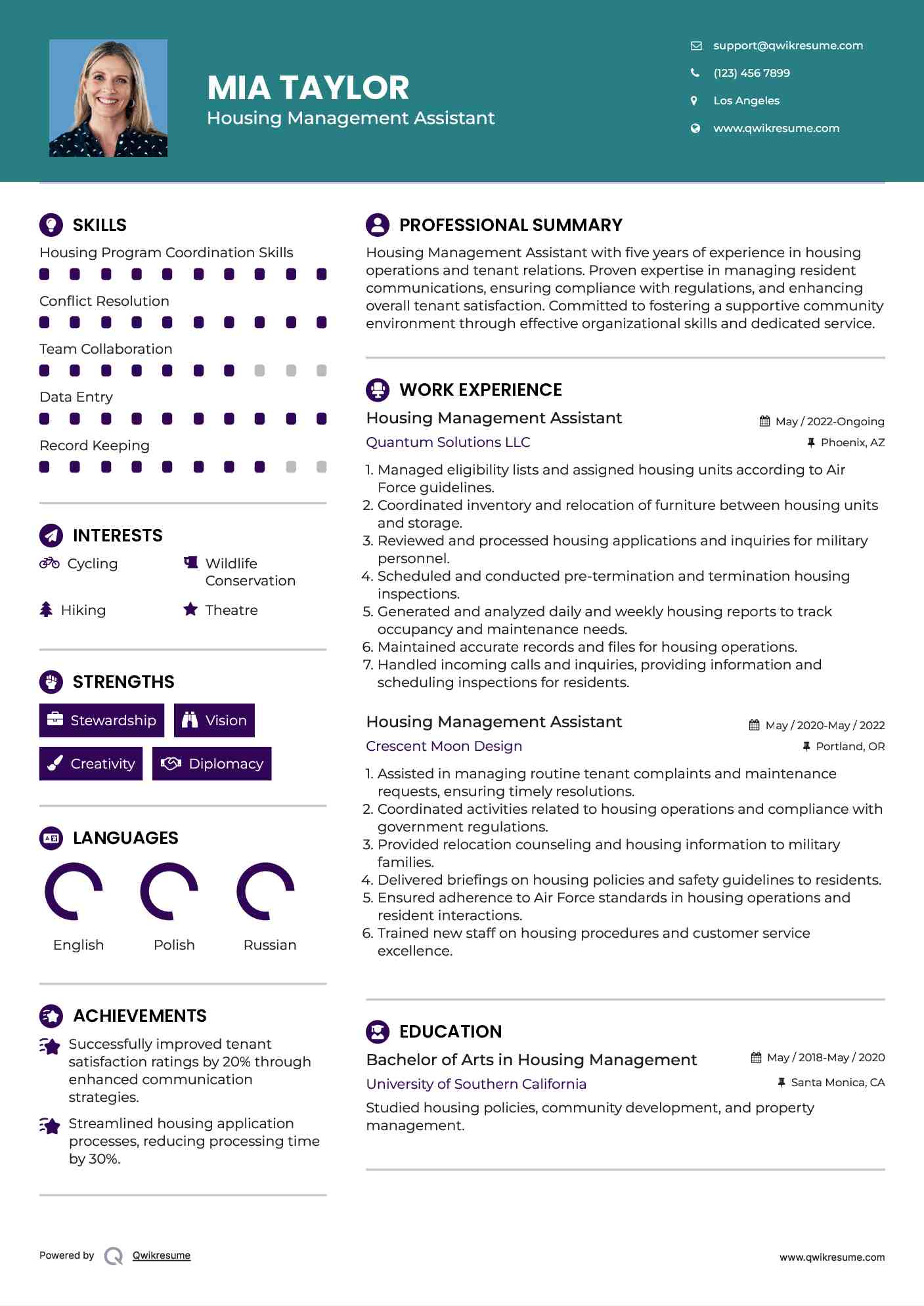 Housing Management Assistant Resume Samples QwikResume