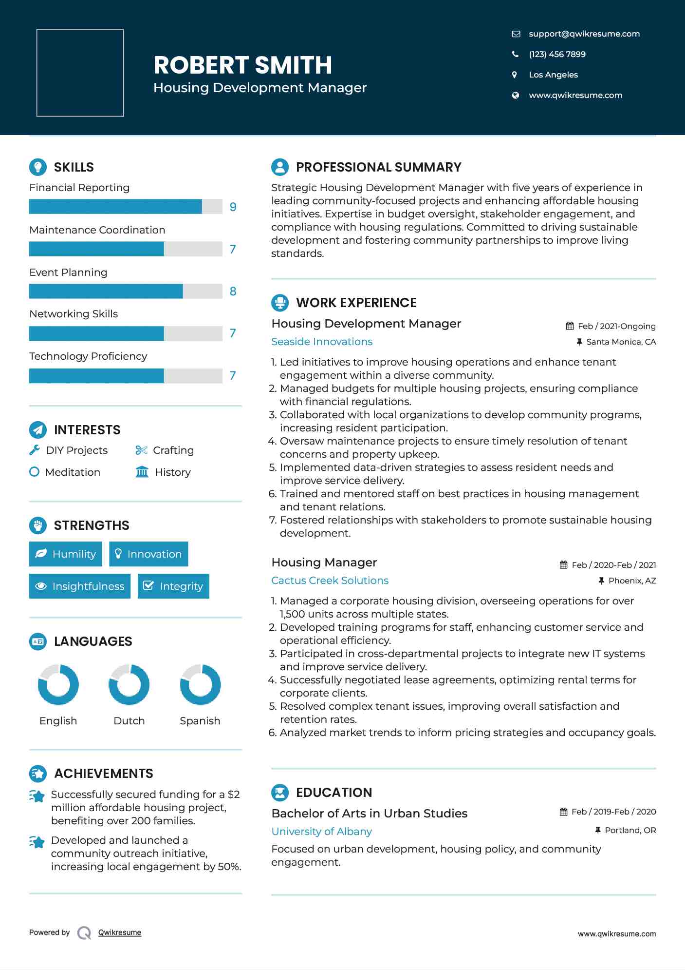 Housing Development Manager Resume Template