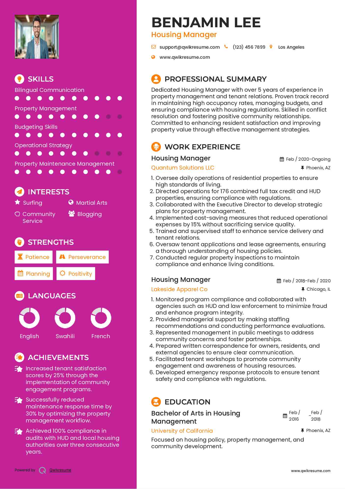 Housing Manager Resume Model