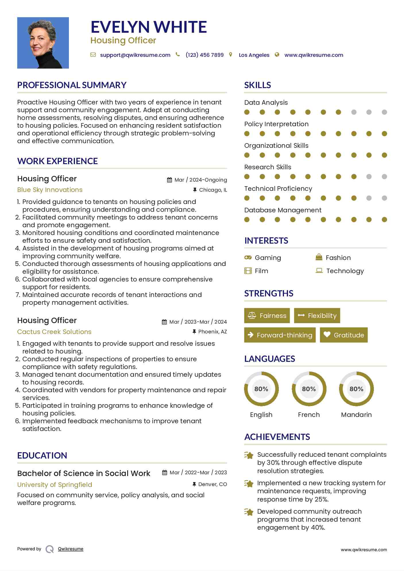 Housing Officer Resume Sample