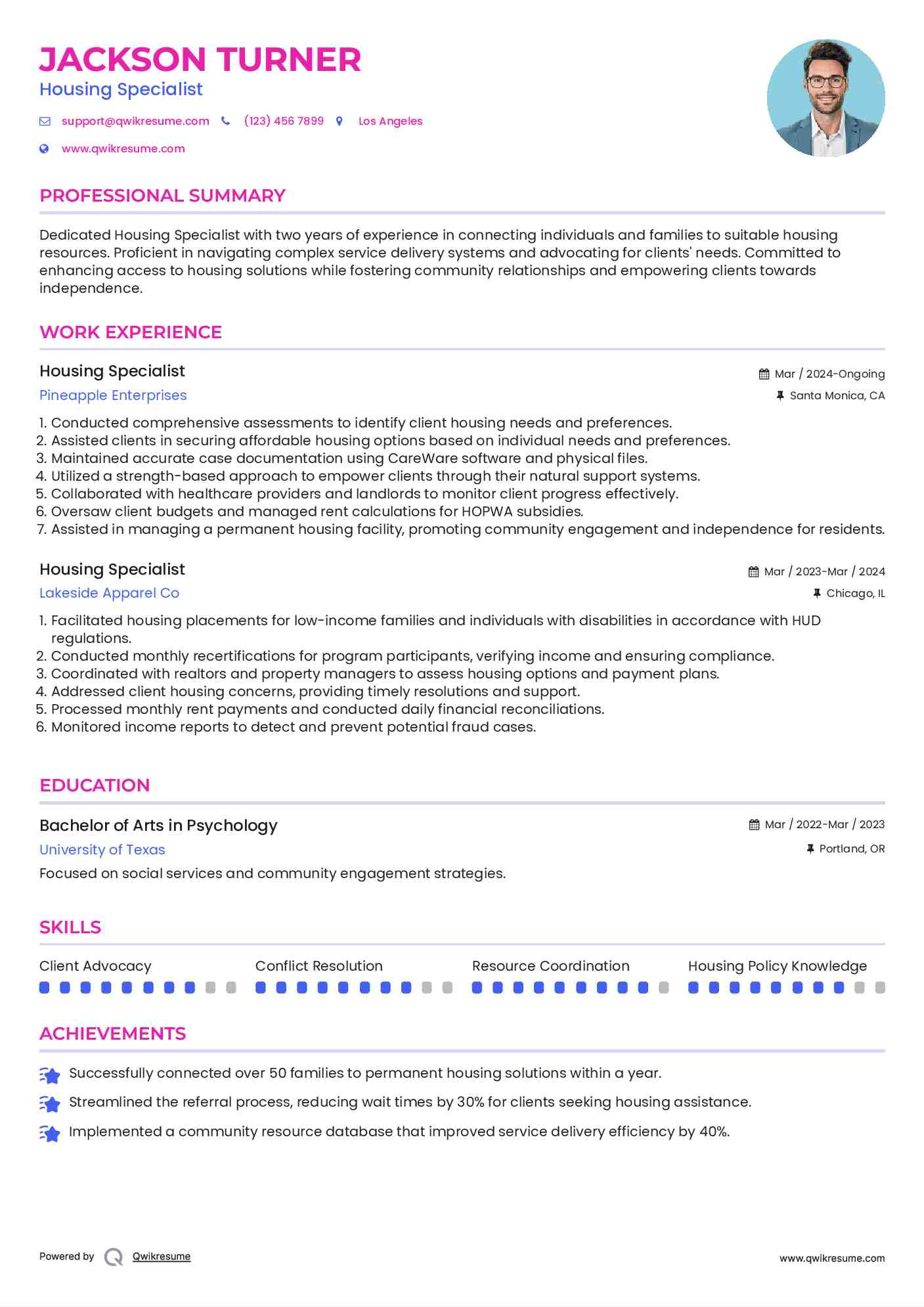 Housing Specialist Resume Format