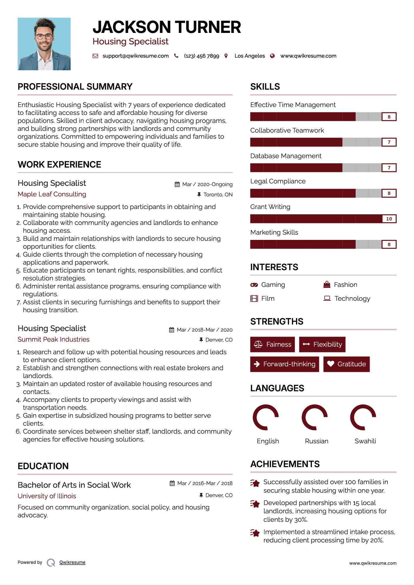 Housing Specialist Resume Sample