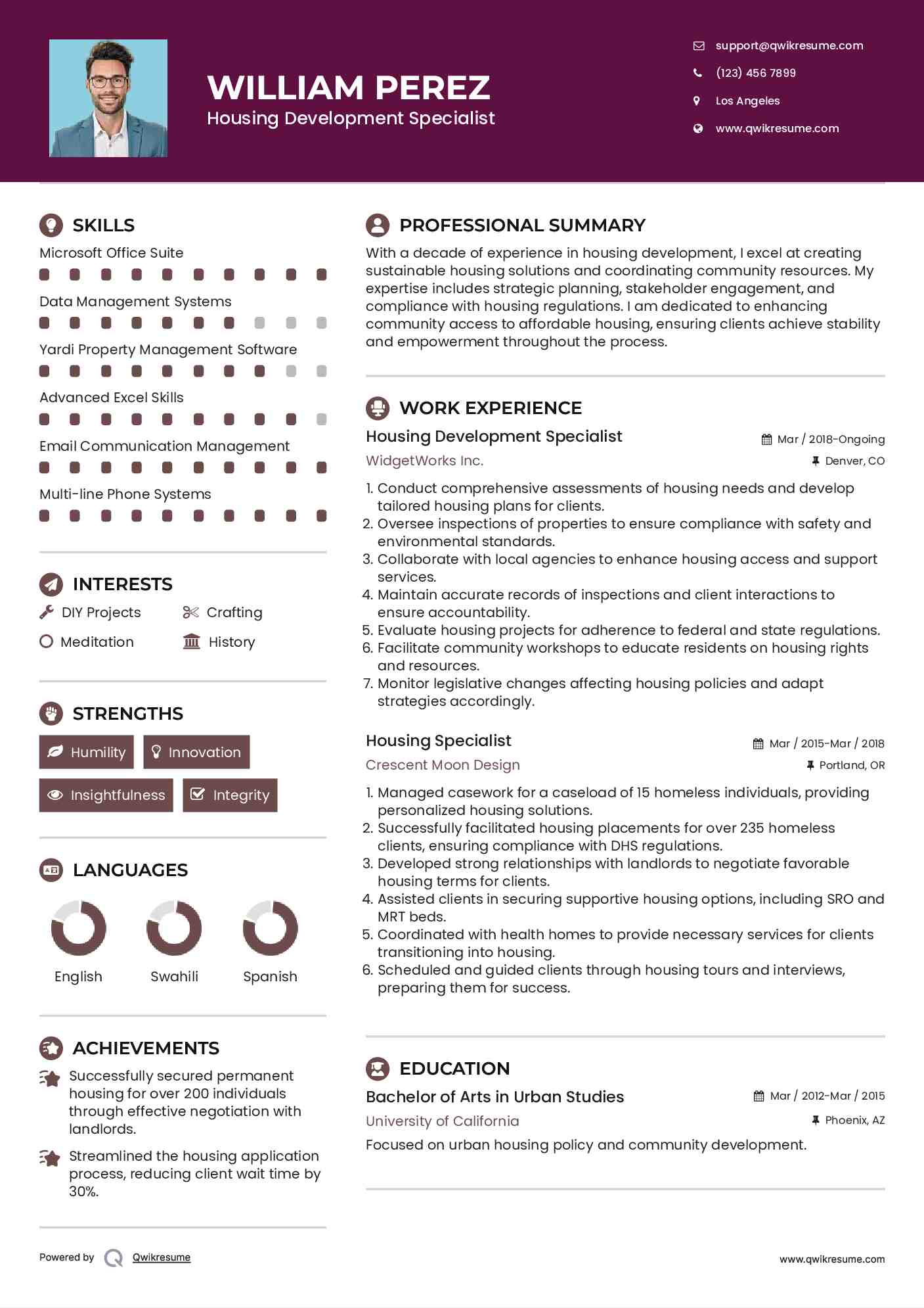 Housing Development Specialist Resume Sample