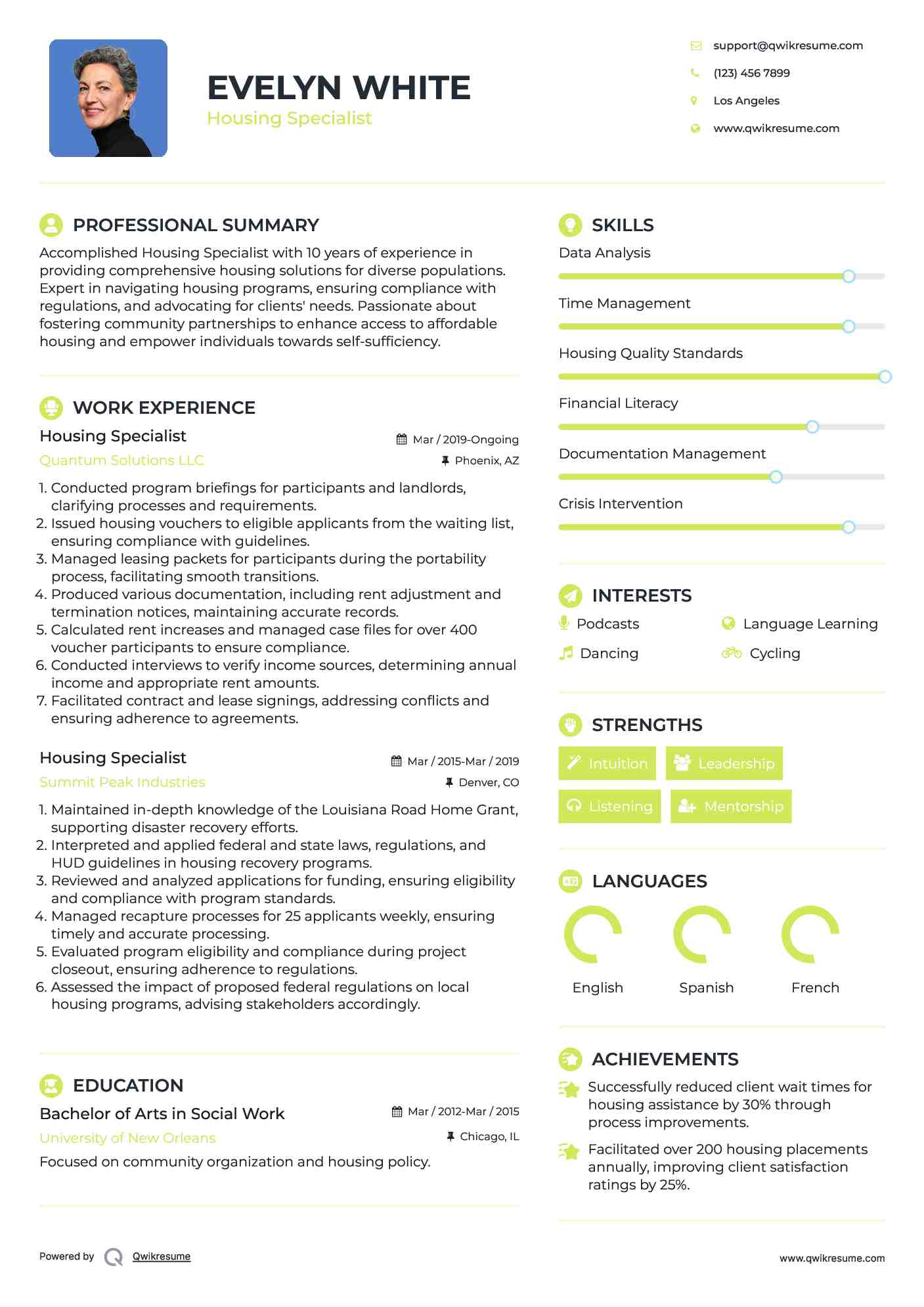 Housing Specialist Resume Template