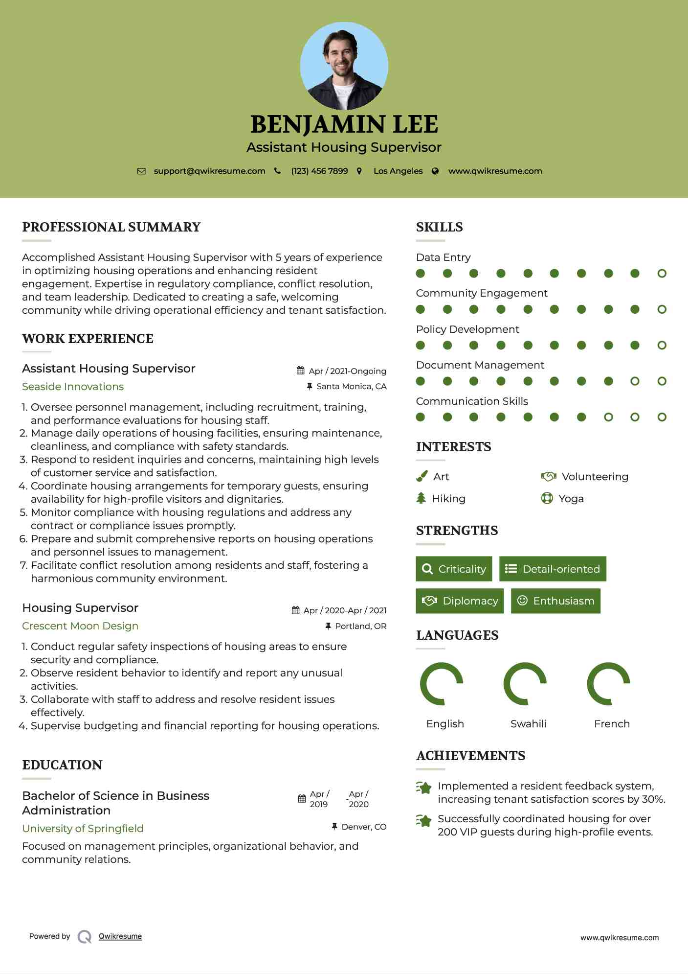 Assistant Housing Supervisor Resume Template