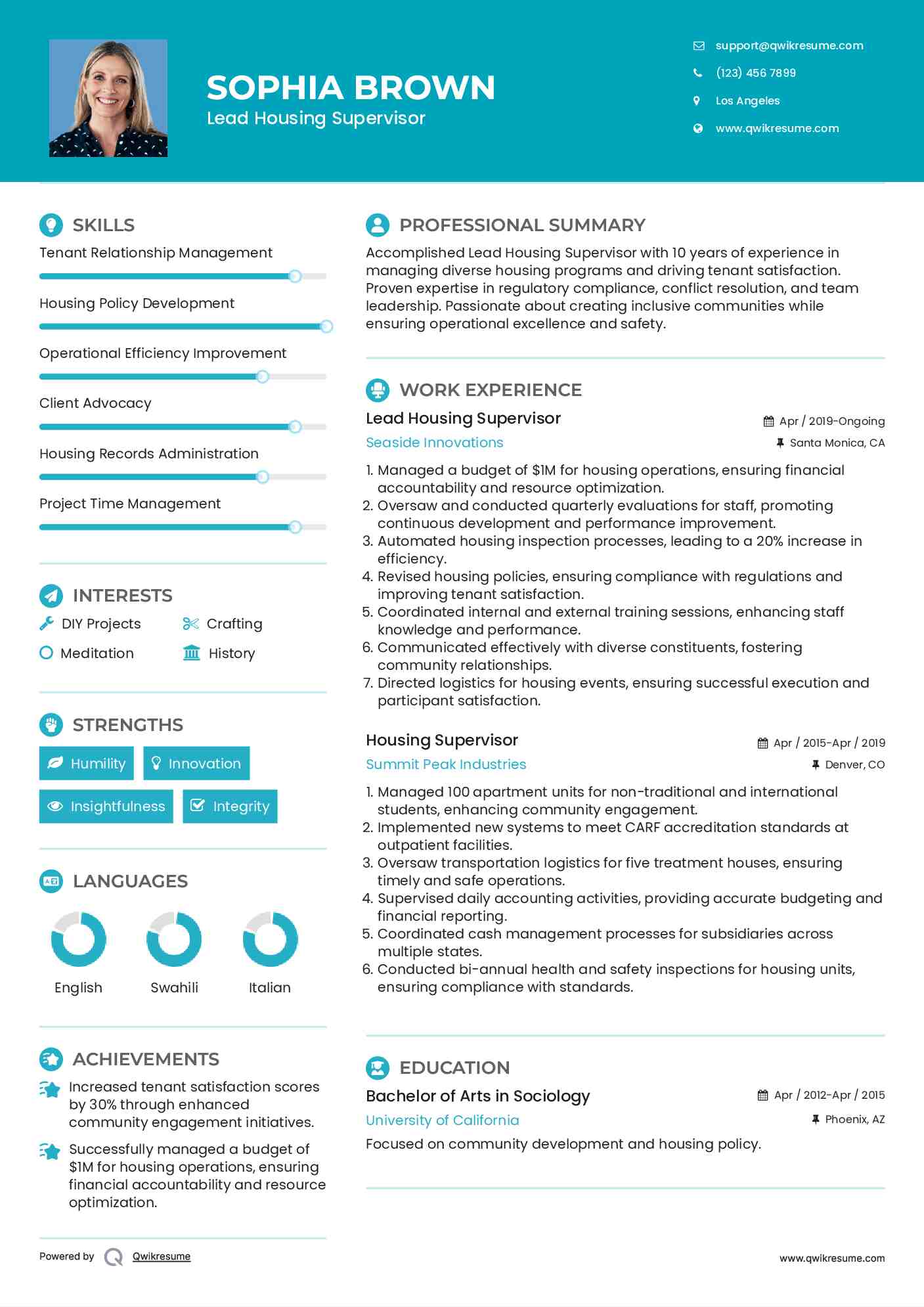 Lead Housing Supervisor Resume Format