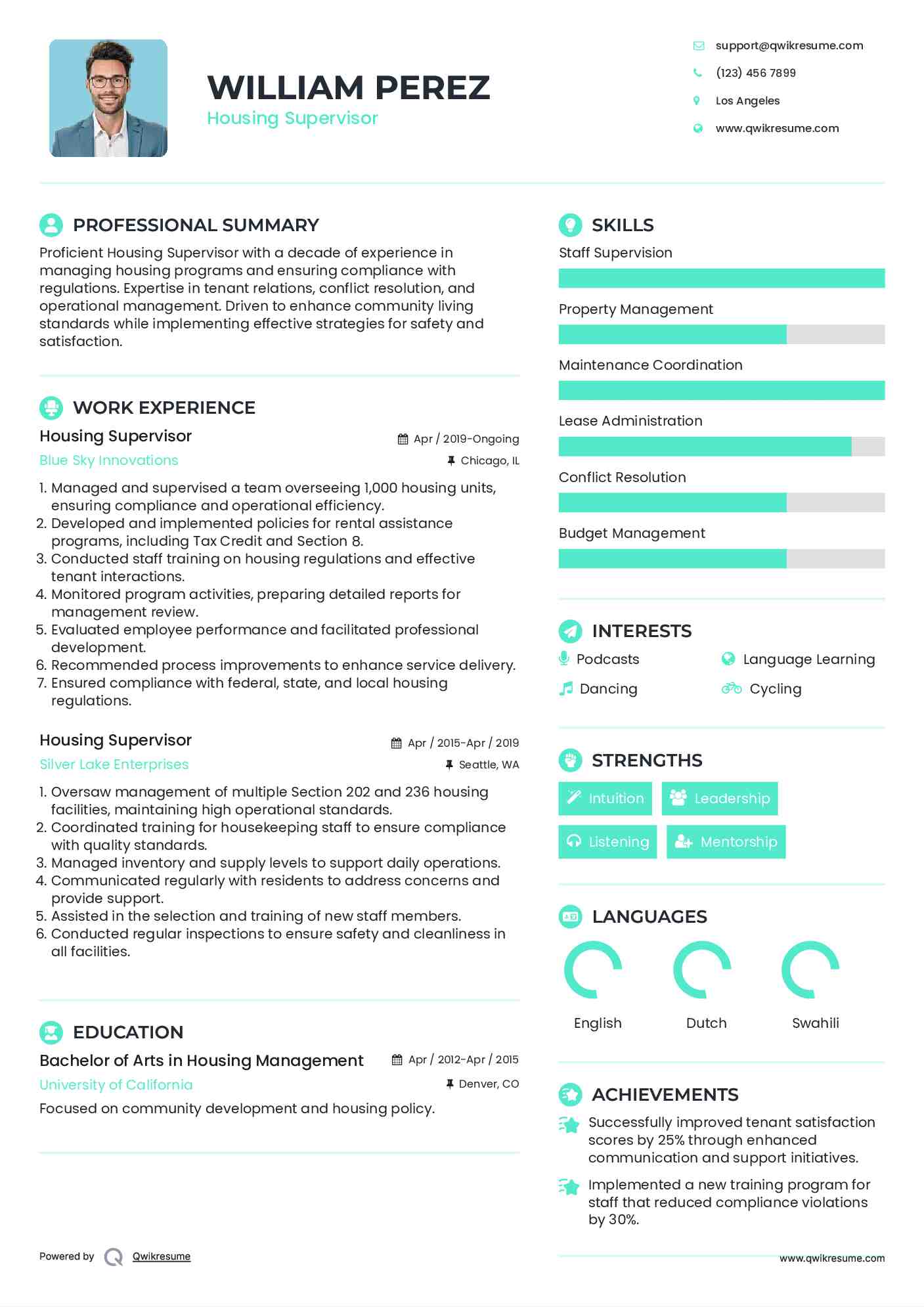 Housing Supervisor Resume Model