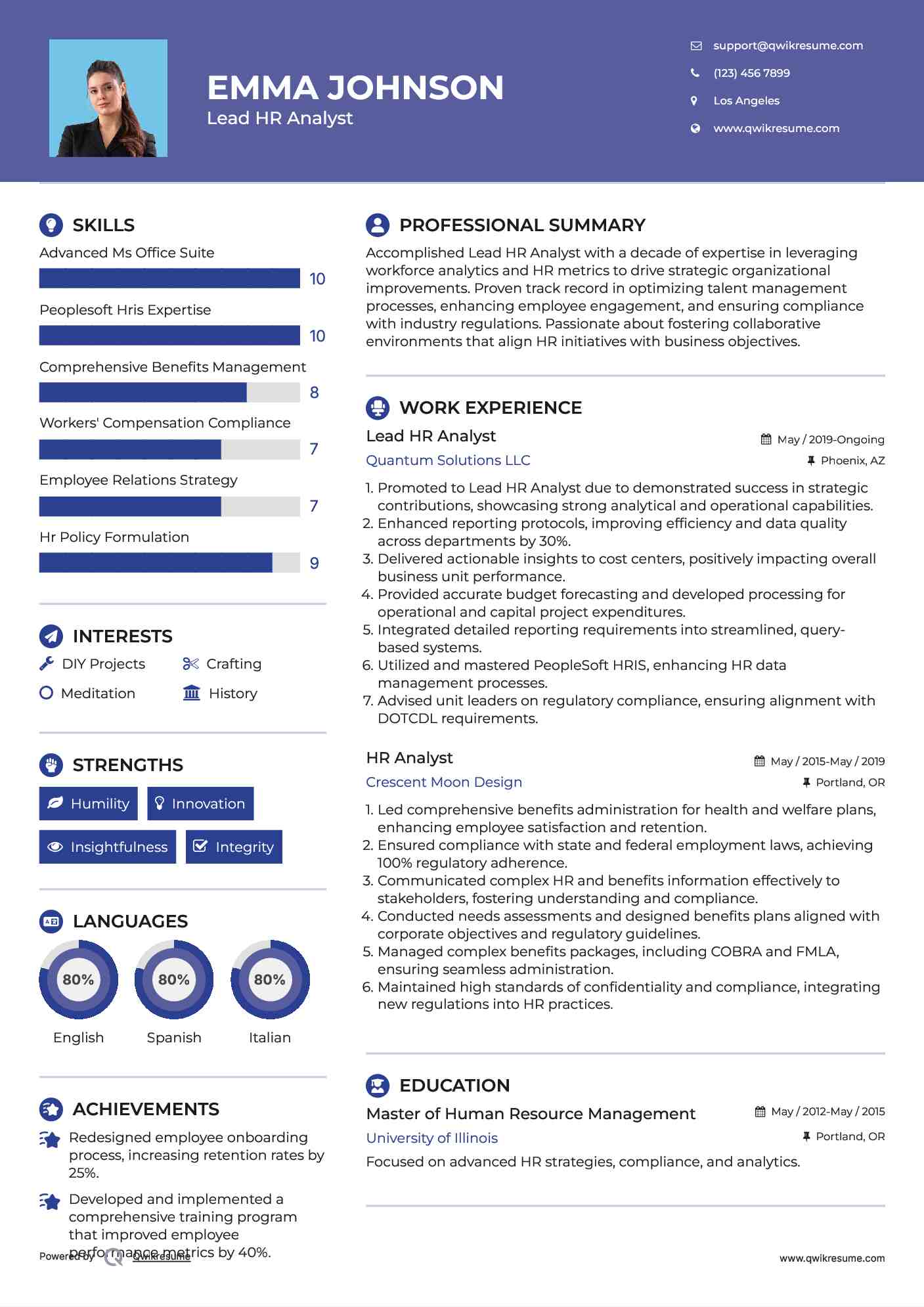 Lead HR Analyst Resume Example
