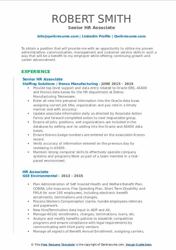 HR Associate Resume Samples QwikResume