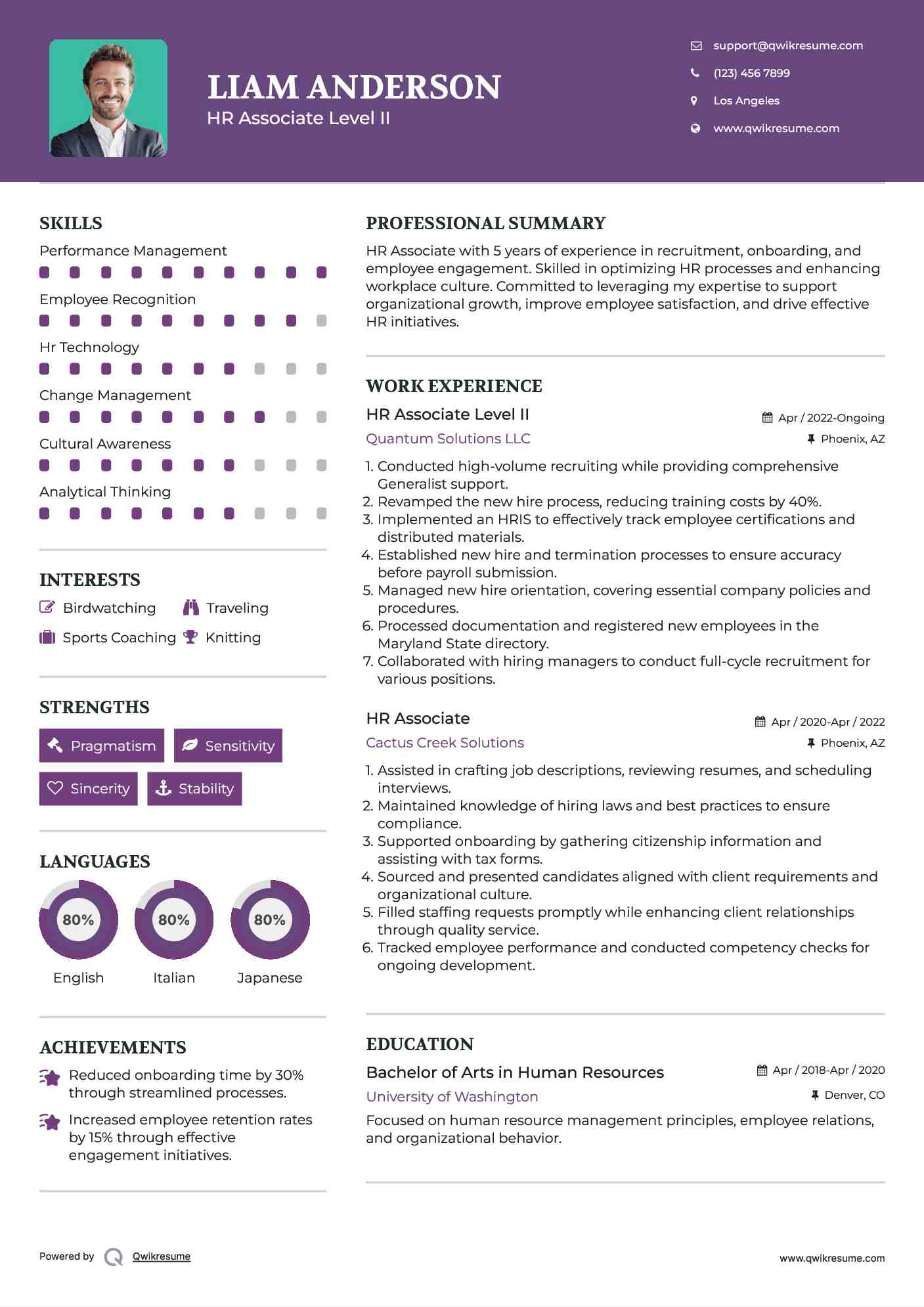 HR Associate Level II Resume Example