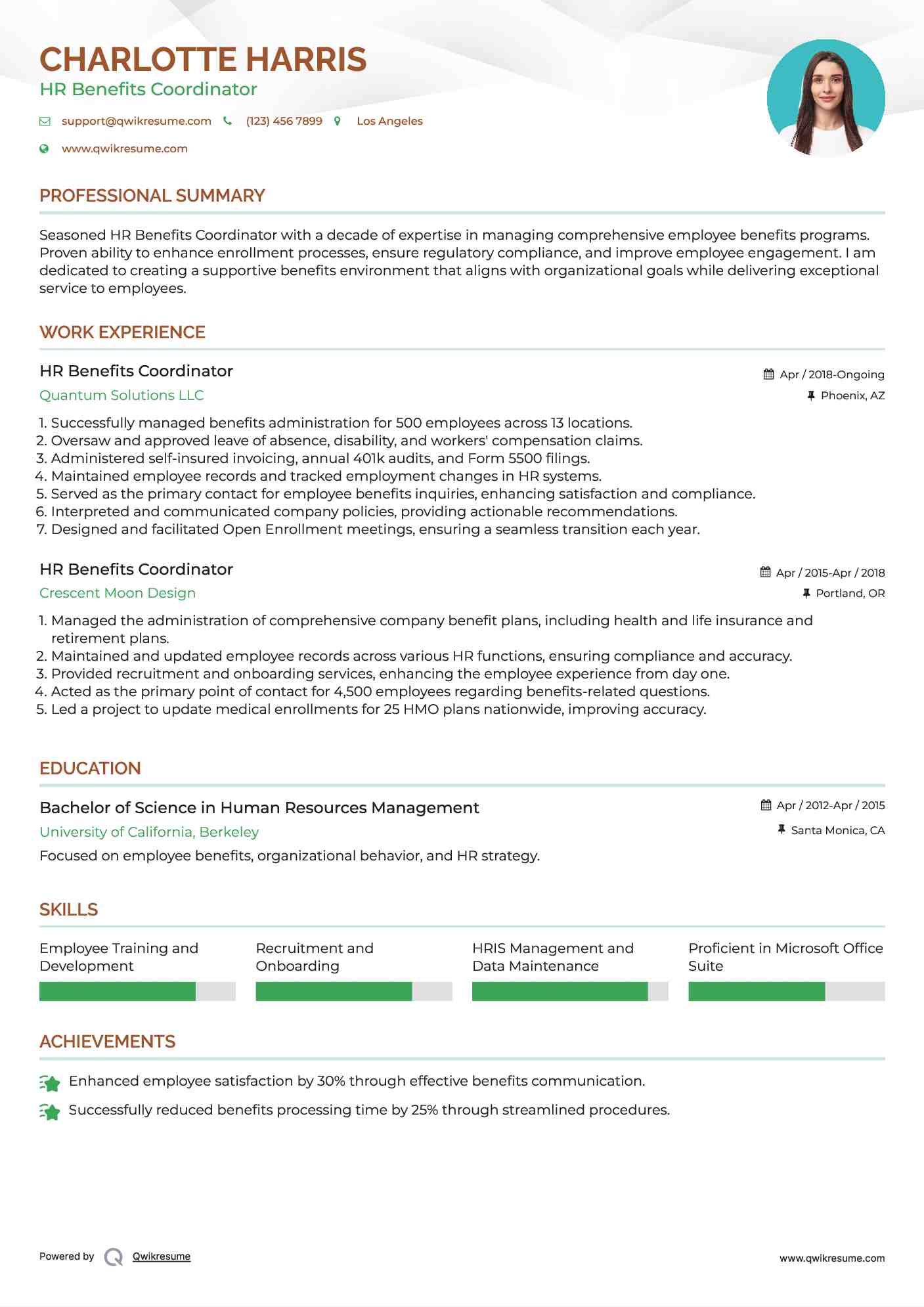 HR Benefits Coordinator Resume Sample