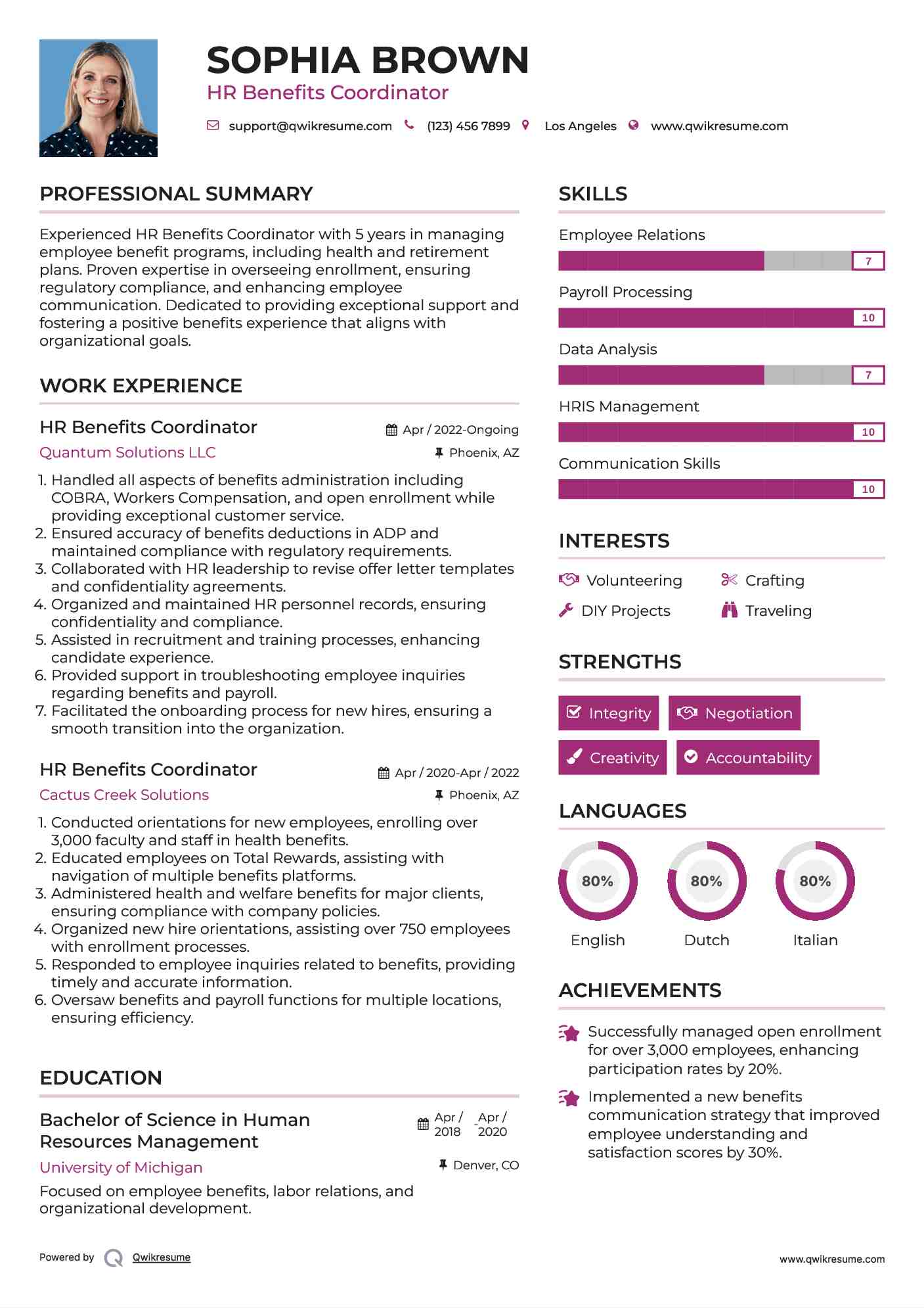 HR Benefits Coordinator Resume Sample
