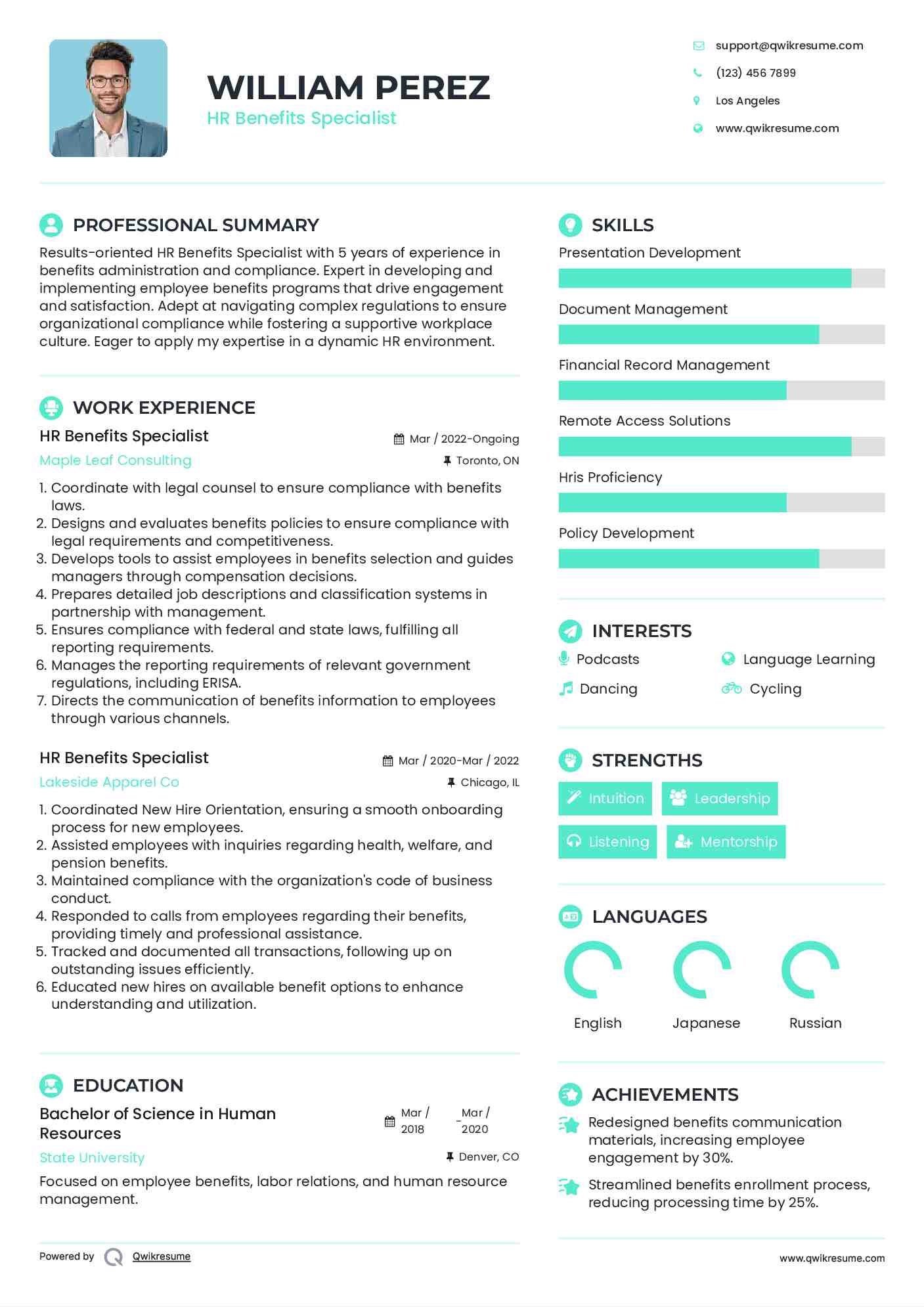 HR Benefits Specialist Resume Model