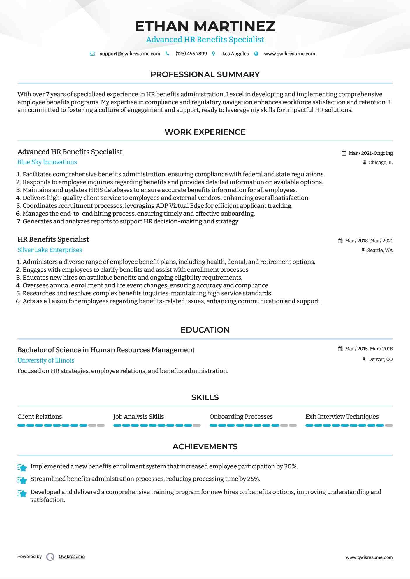 Advanced HR Benefits Specialist Resume Model