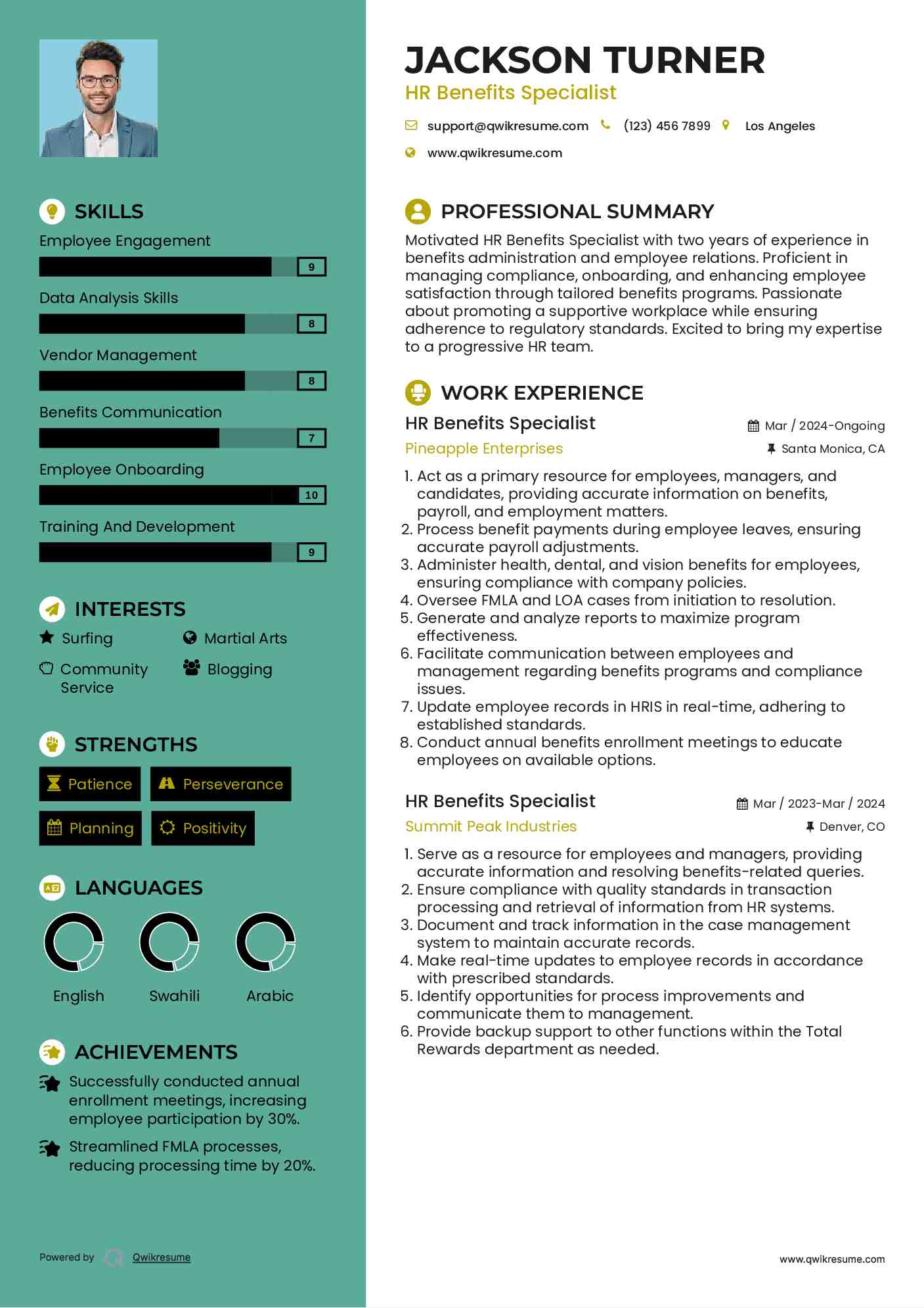 HR Benefits Specialist Resume Example