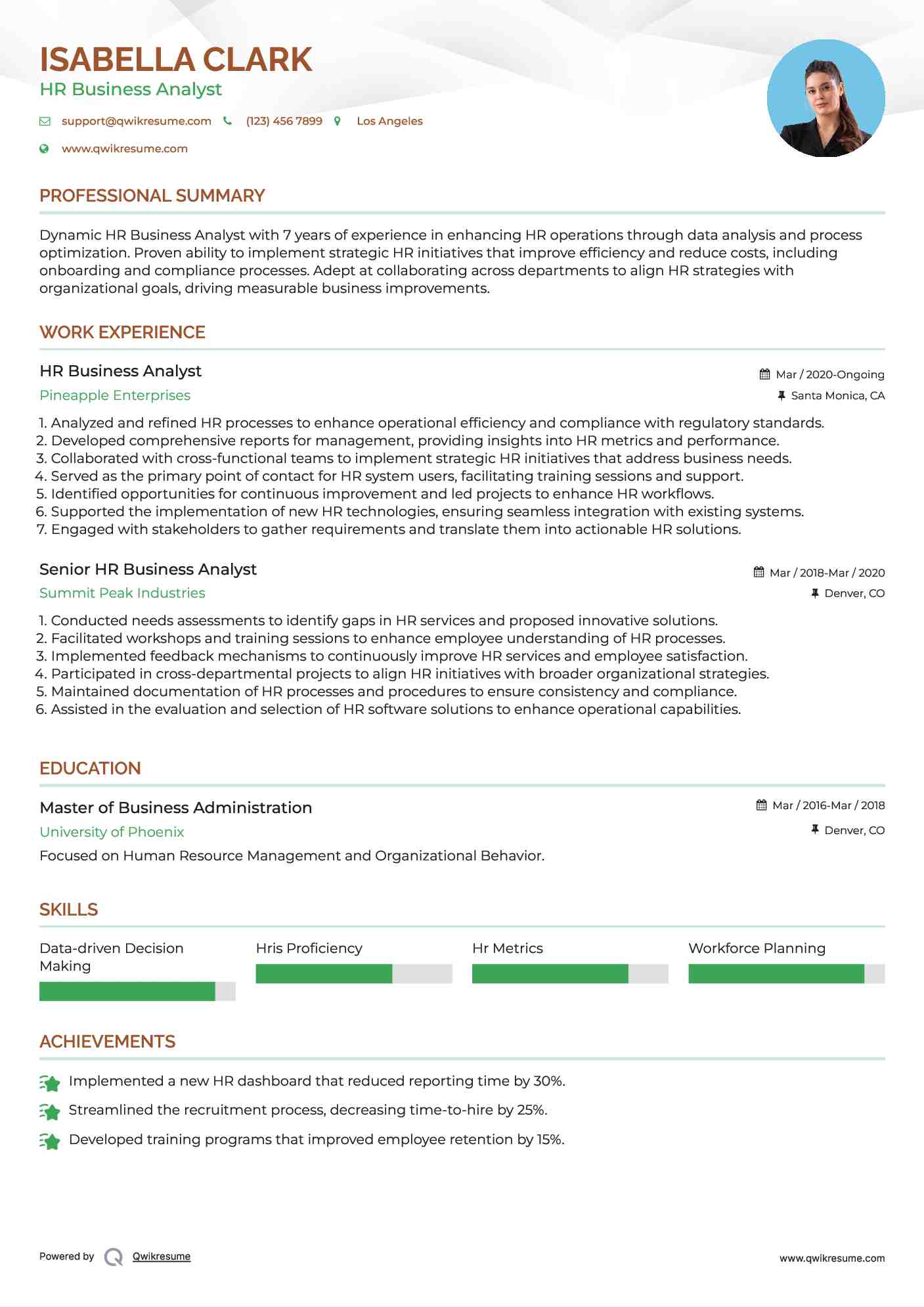 HR Business Analyst Resume Sample