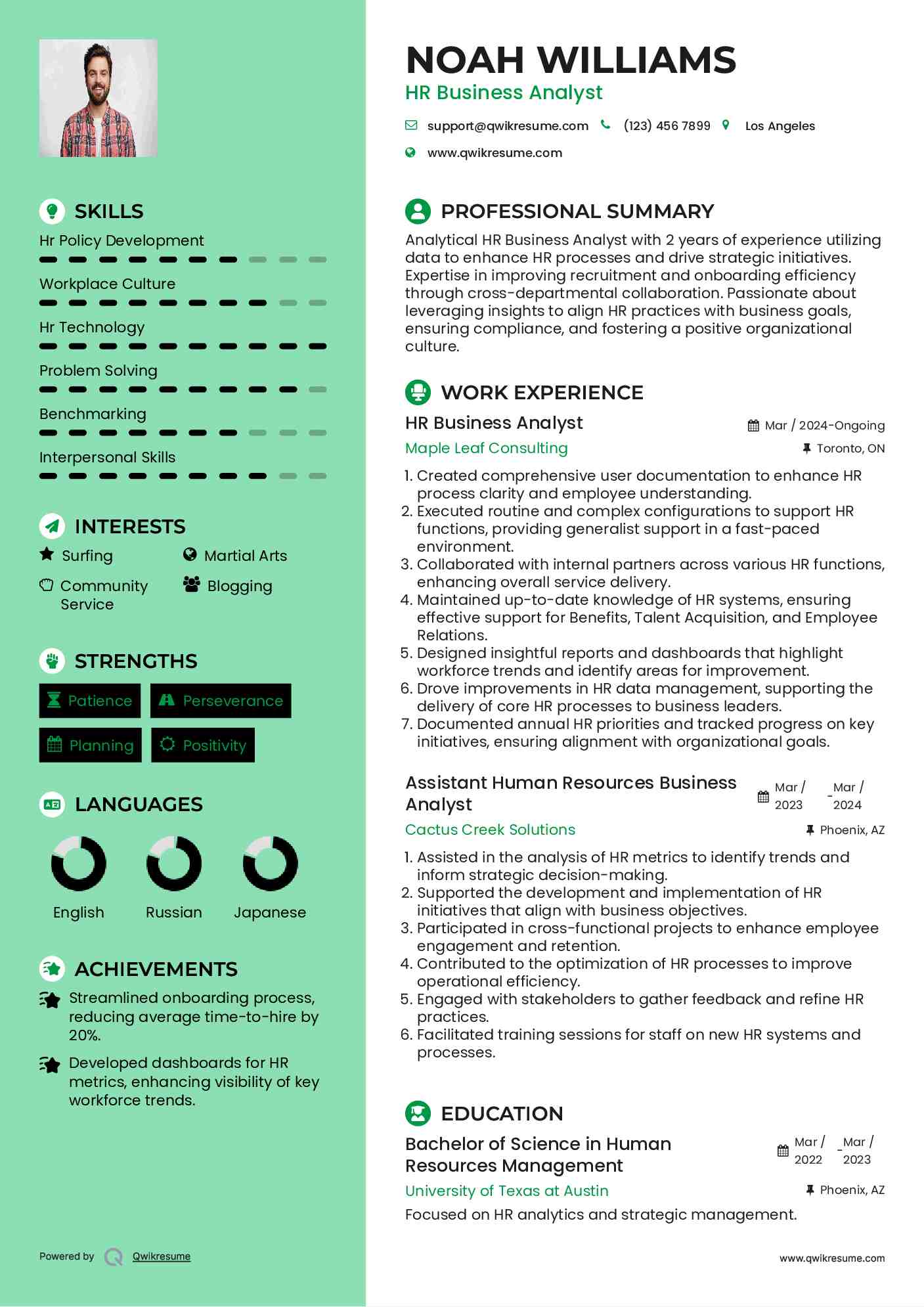 HR Business Analyst Resume Sample