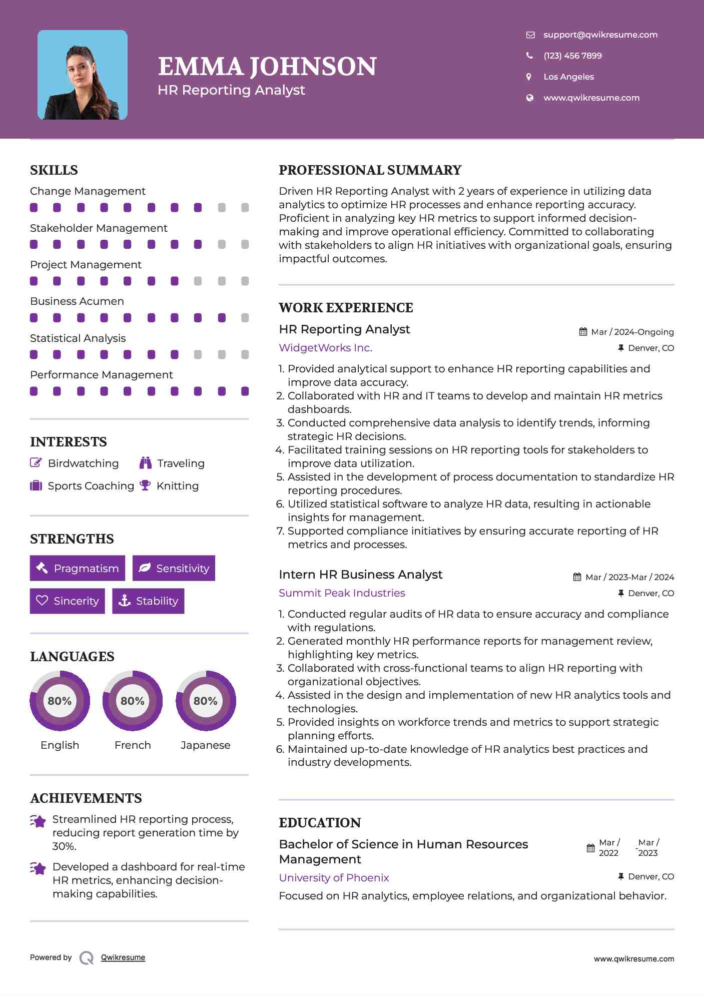 HR Reporting Analyst Resume Example