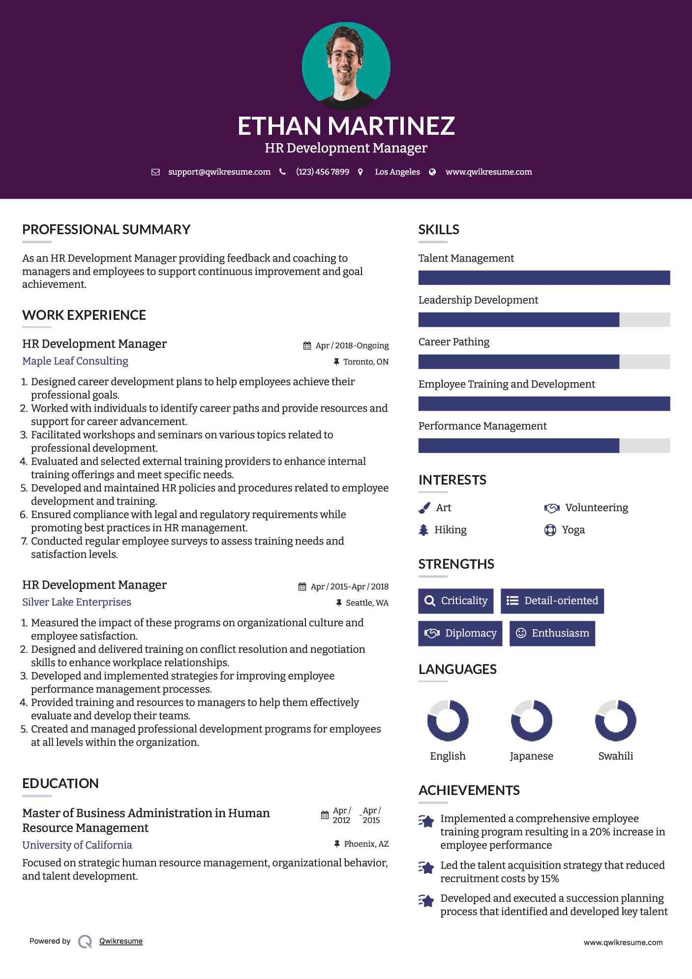 HR Development Manager Resume Example