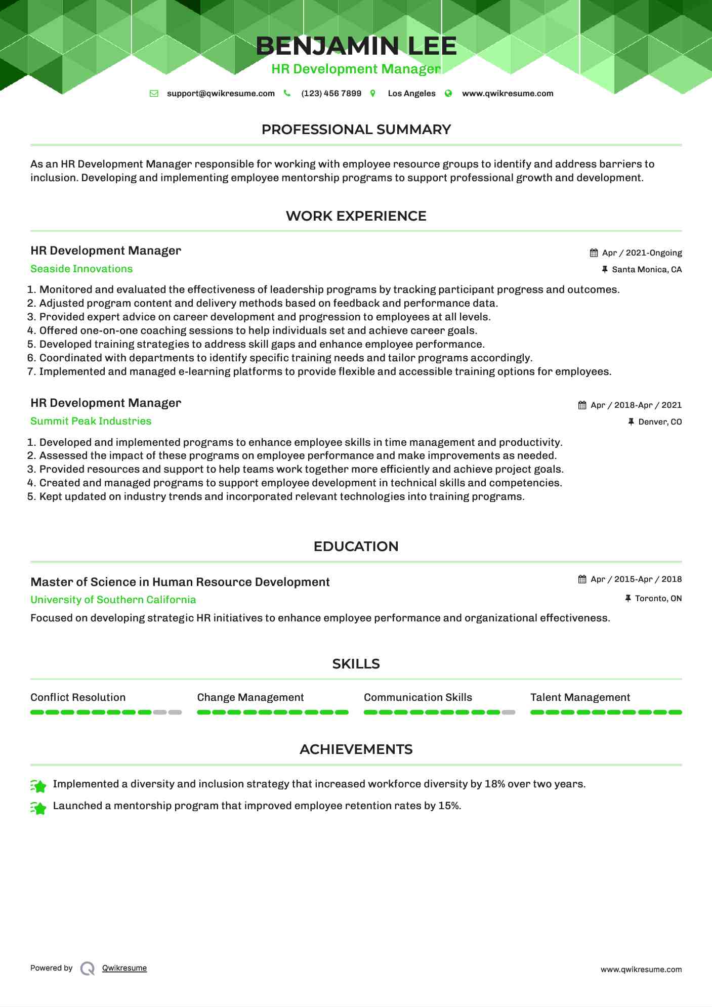 HR Development Manager Resume Format