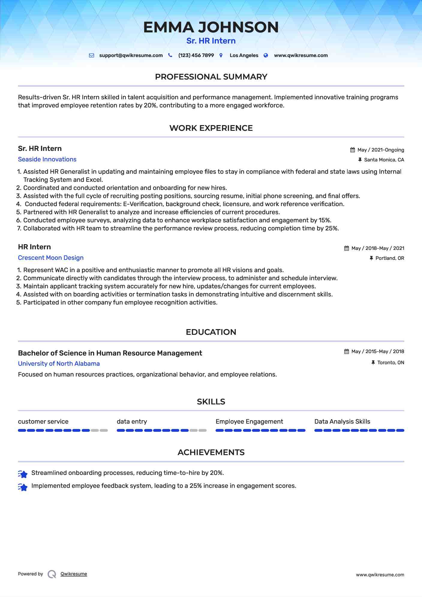 Sr. HR Intern Resume Format