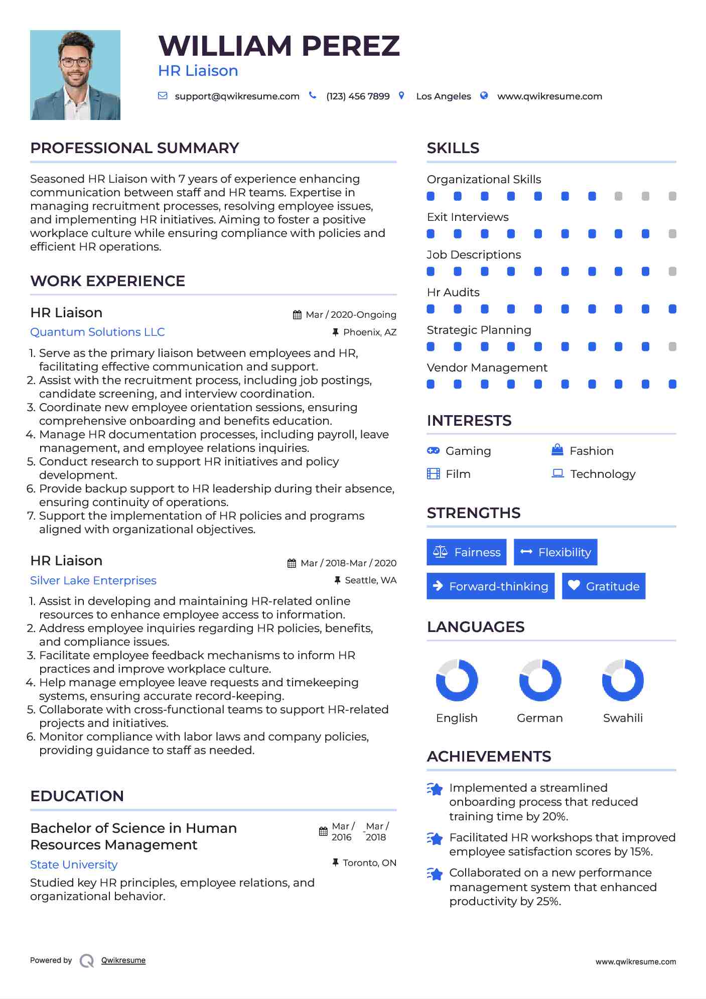 HR Liaison Resume Sample