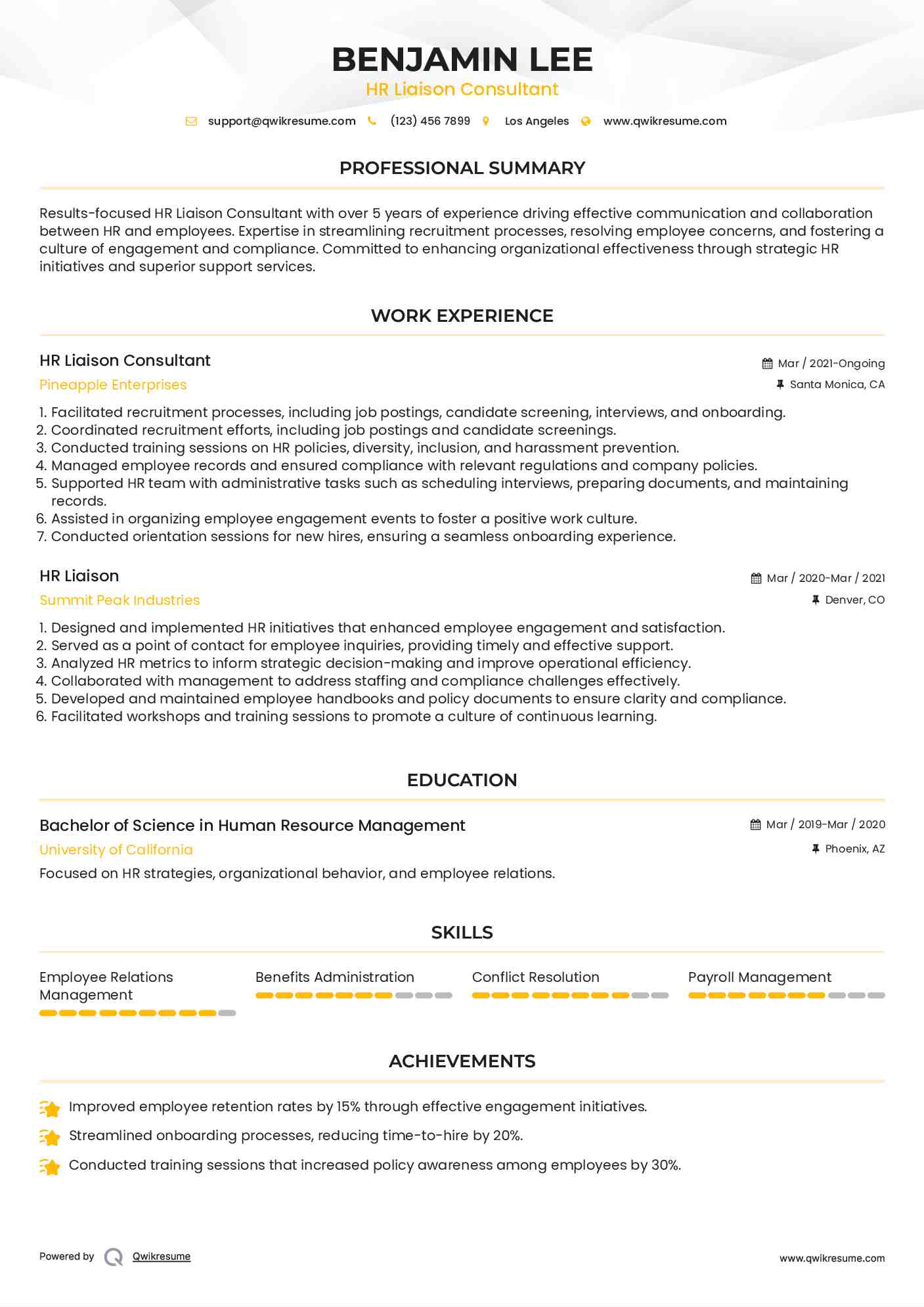 HR Liaison Consultant Resume Format