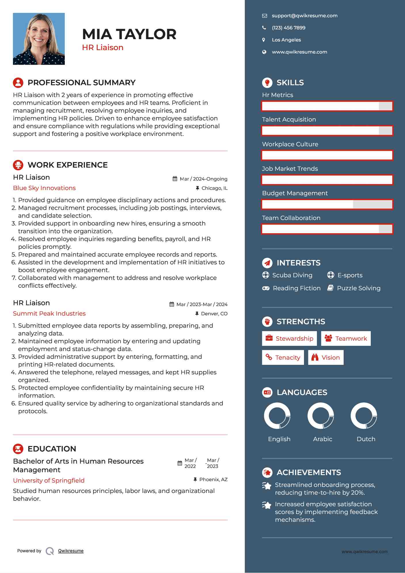 HR Liaison Resume Sample